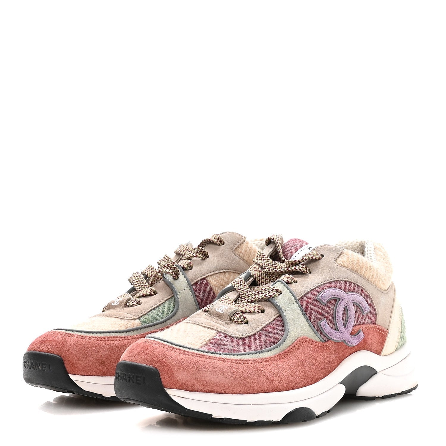 CHANEL FABRIC SUEDE CALFSKIN CC SNEAKERS PINK BEIGE WHITE & MULTICOLOR RAINBOW