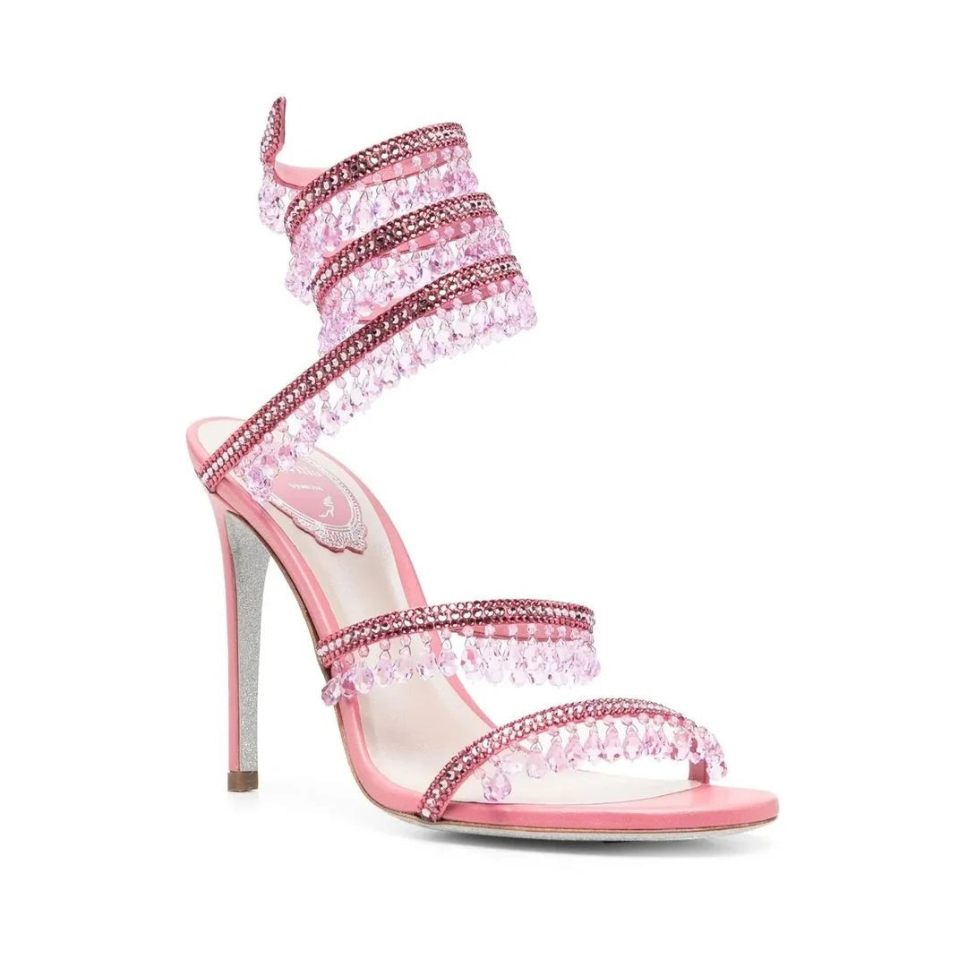 René Caovilla Satin Chandelier Heeled Mule 80 - Pink (heeled sandal with ankle wrap, not mule 80)