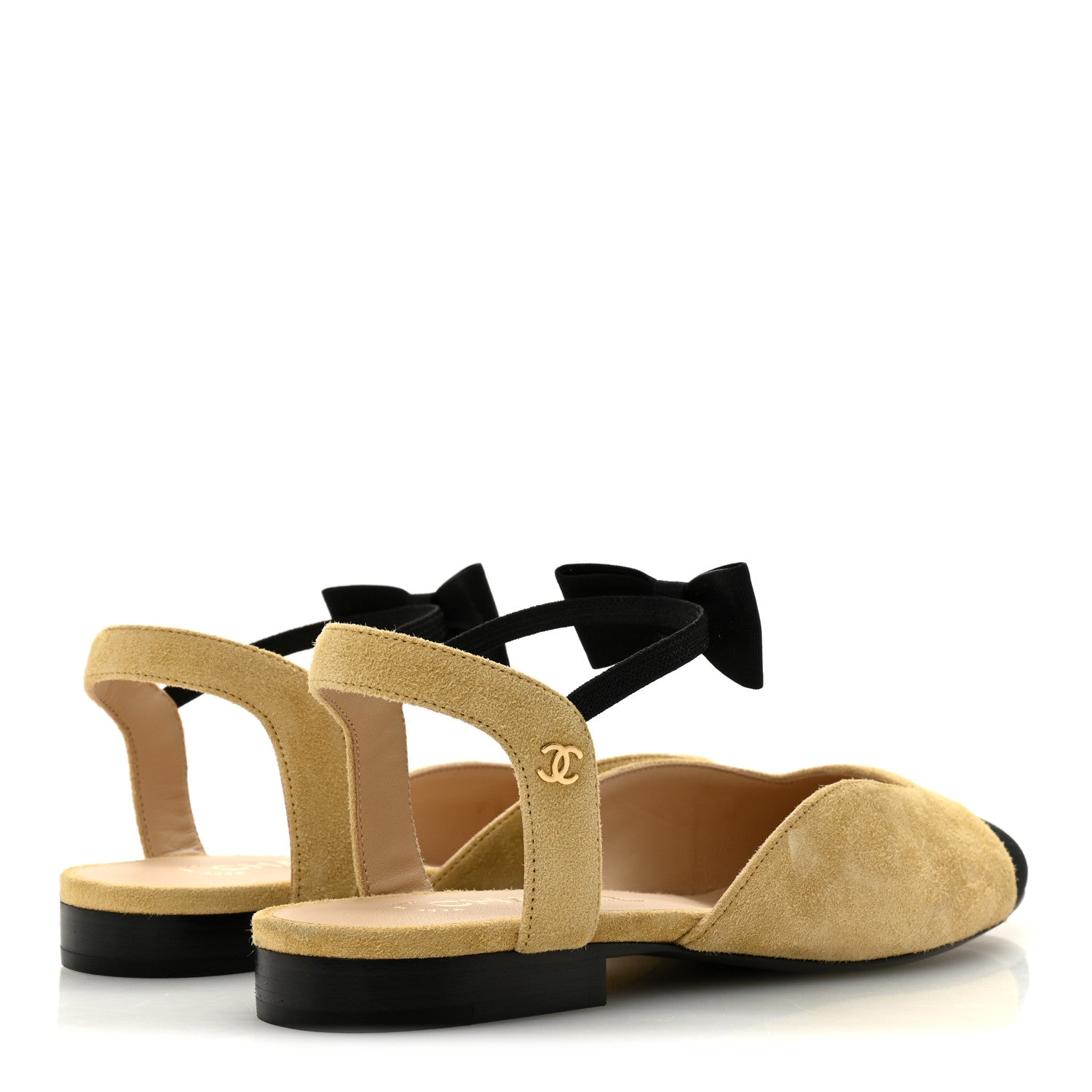 CHANEL SUEDE CRYSTAL GROSGRAIN CAP TOE CC SLINGBACK FLATS PINK GOLD BLACK (ALL BLACK, NO CAP TOE CONTRAST)