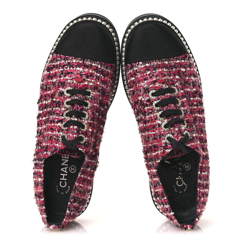 CHANEL TWEED GROSGRAIN SEQUIN PEARL LACE UP SNEAKER BLACK
