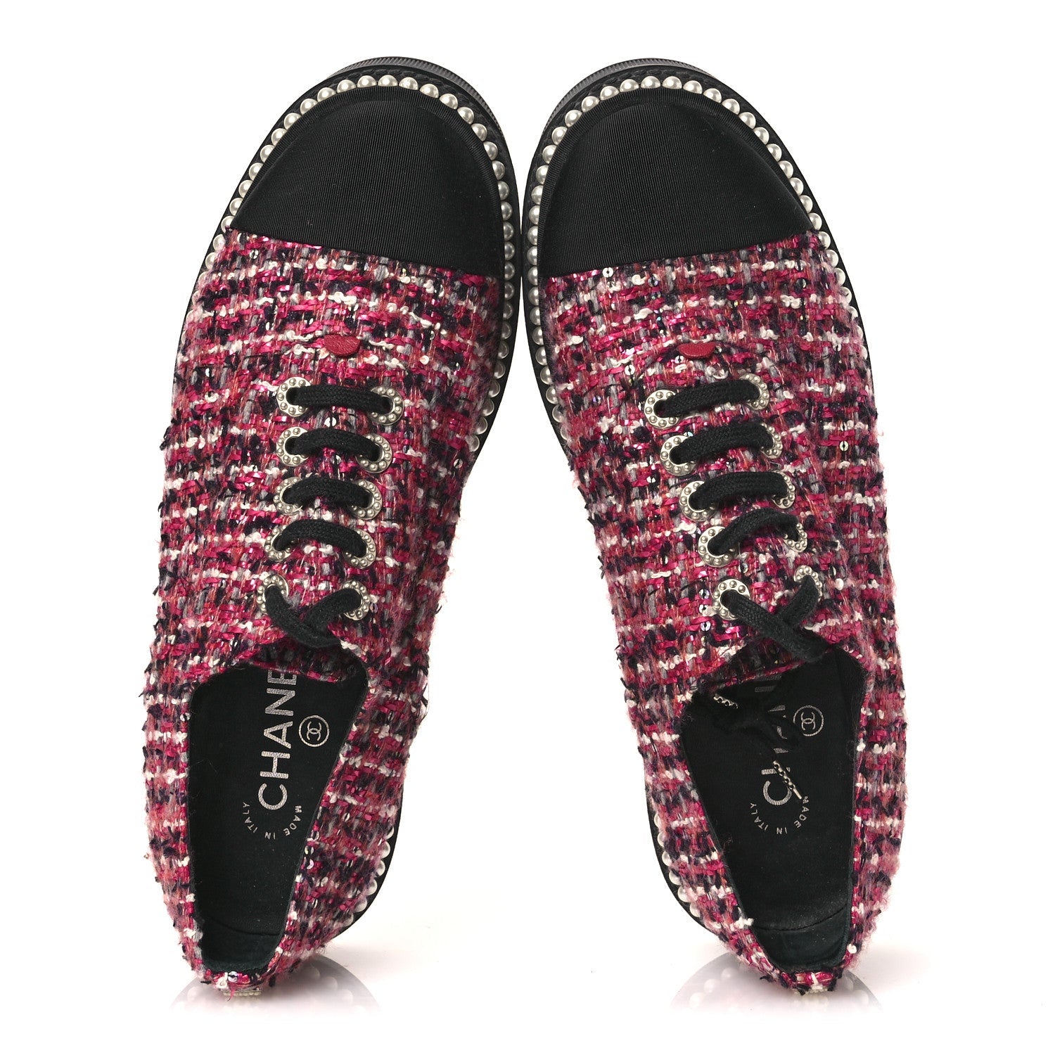 CHANEL TWEED GROSGRAIN SEQUIN PEARL LACE UP SNEAKER BLACK