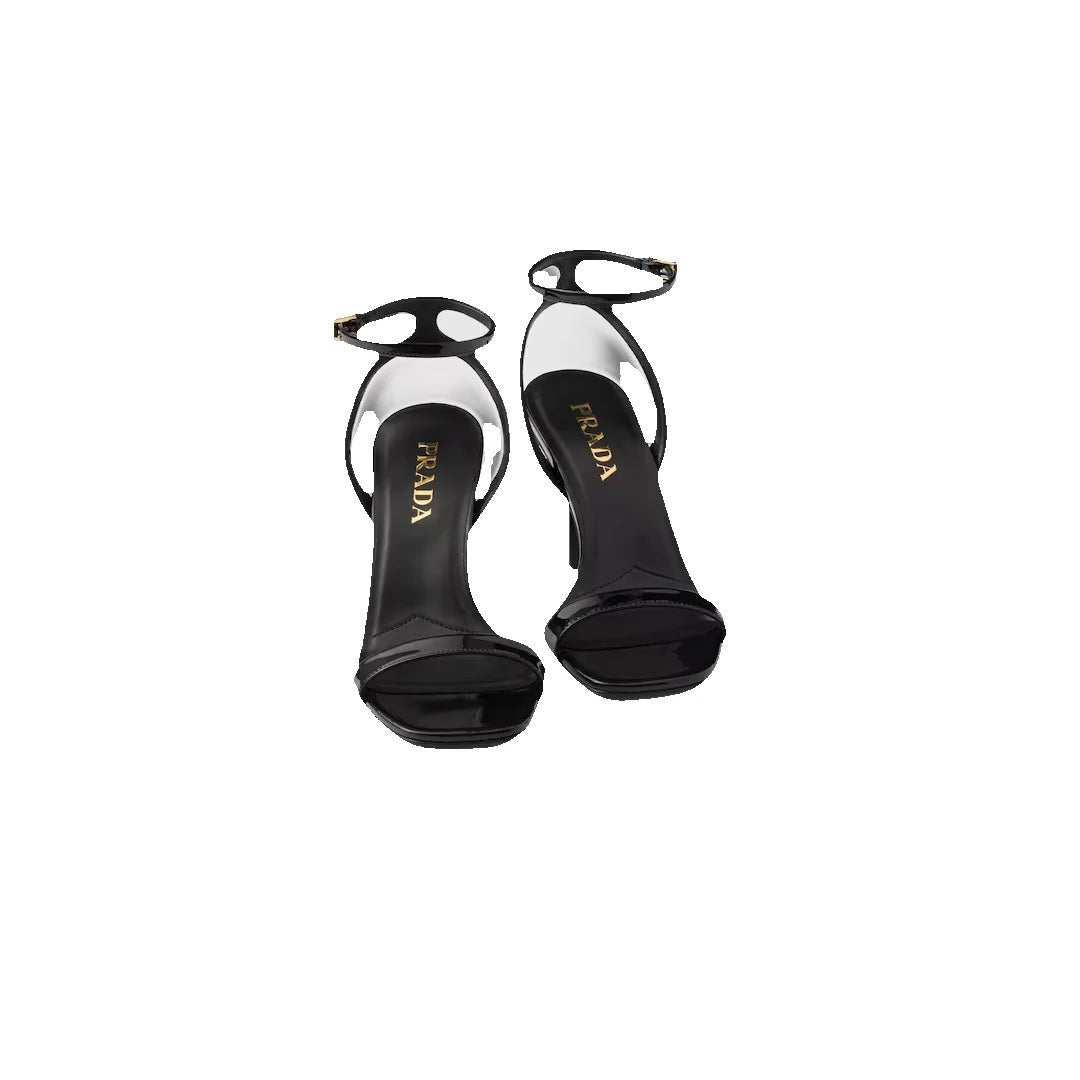 Prada Logo-Engraved Metallic Leather Heeled Sandals - Black