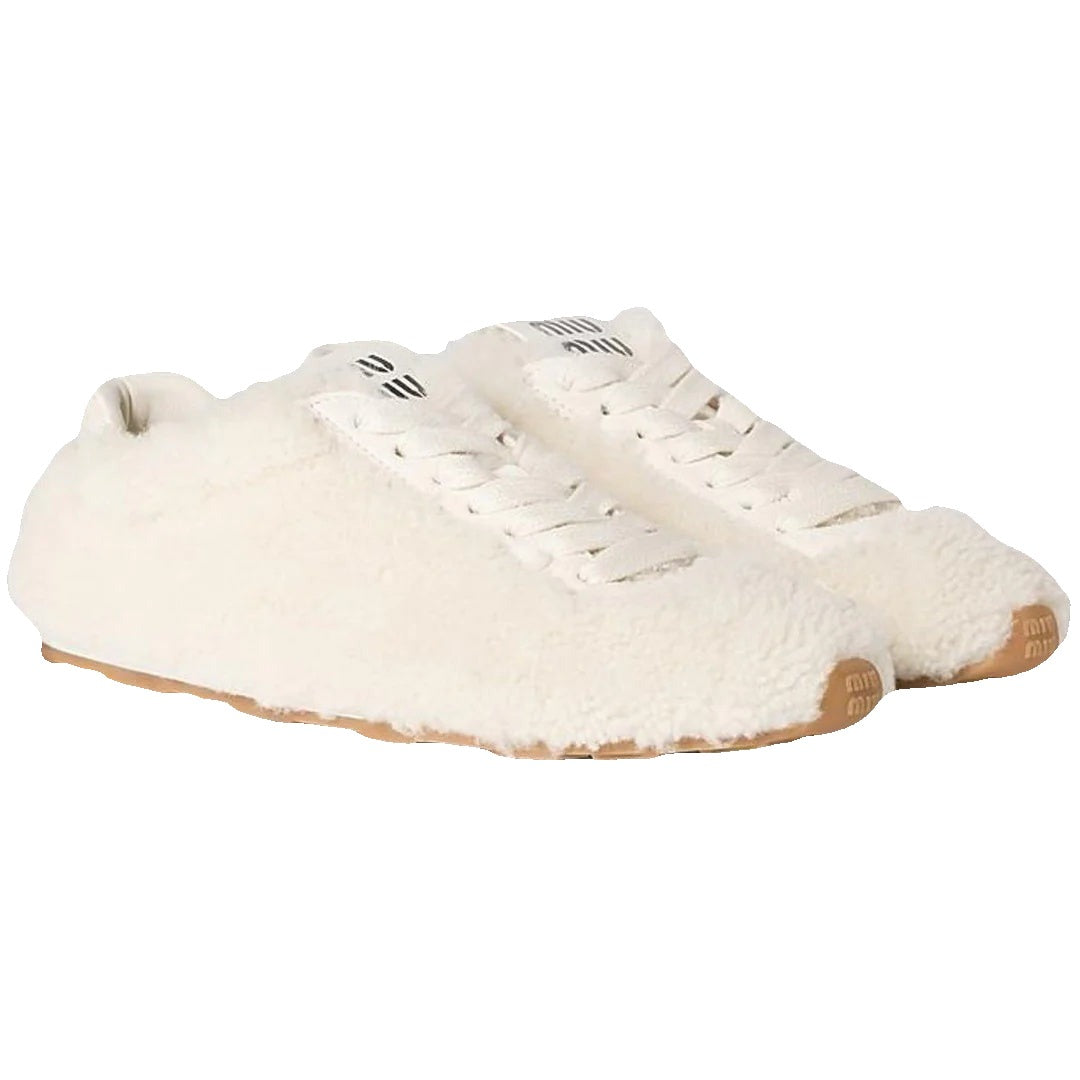 Miu Miu Allacciate Leather Buckle Low-Top Sneakers - White Shearling
