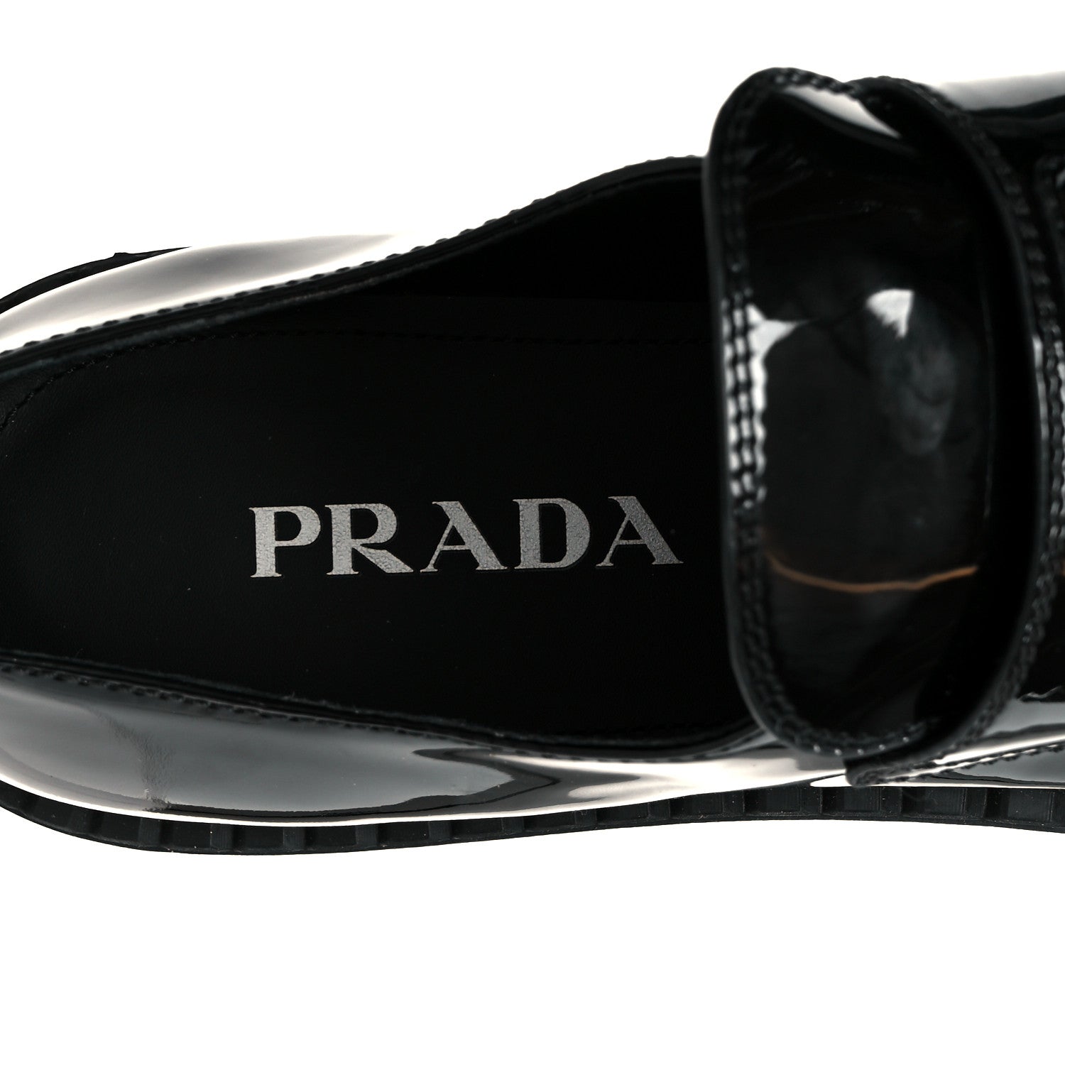 PRADA VERNICE METAL TRIANGLE LOGO LOAFER PUMPS BLACK