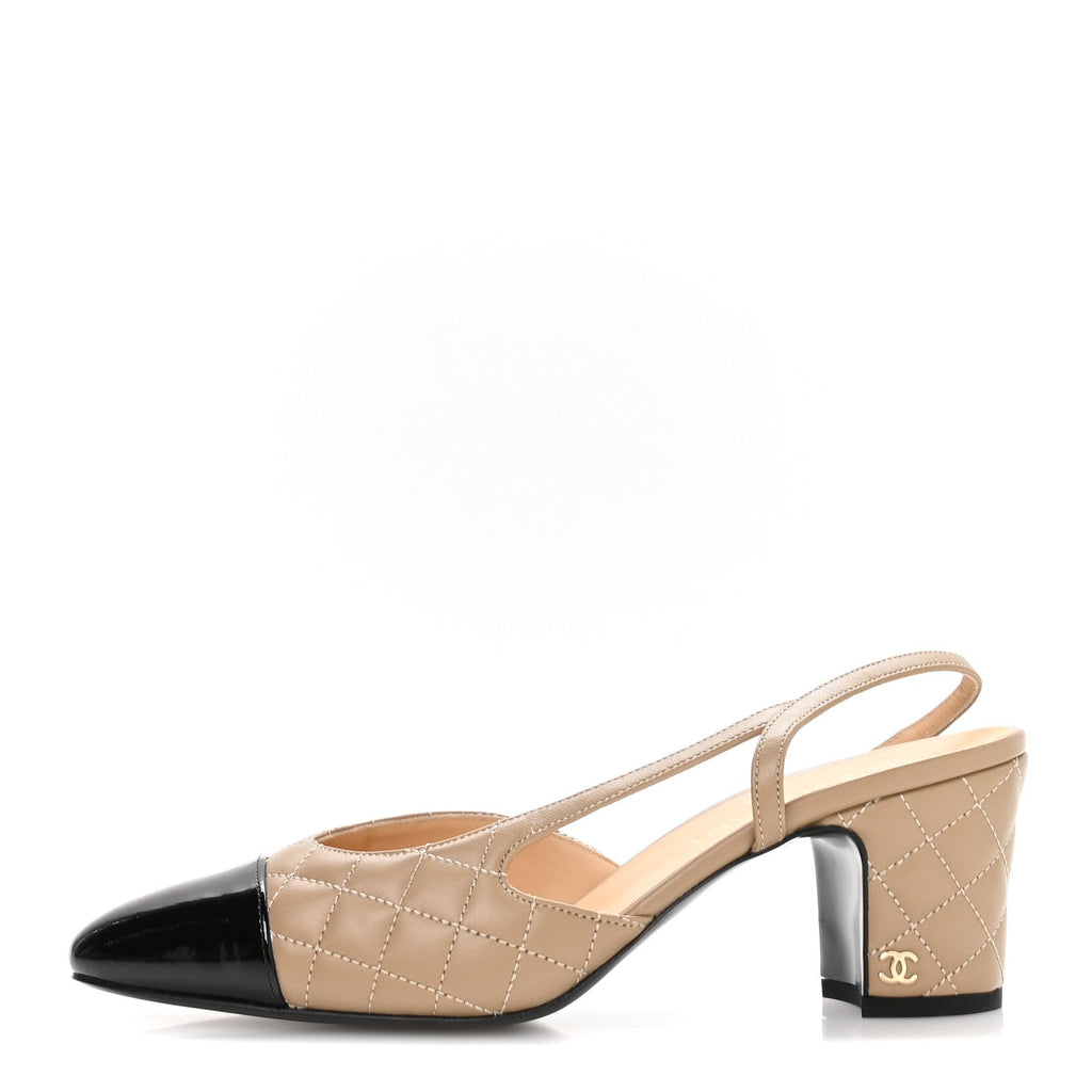 CHANEL BEIGE BLACK CAP TOE CC SLINGBACK PUMPS BEIGE