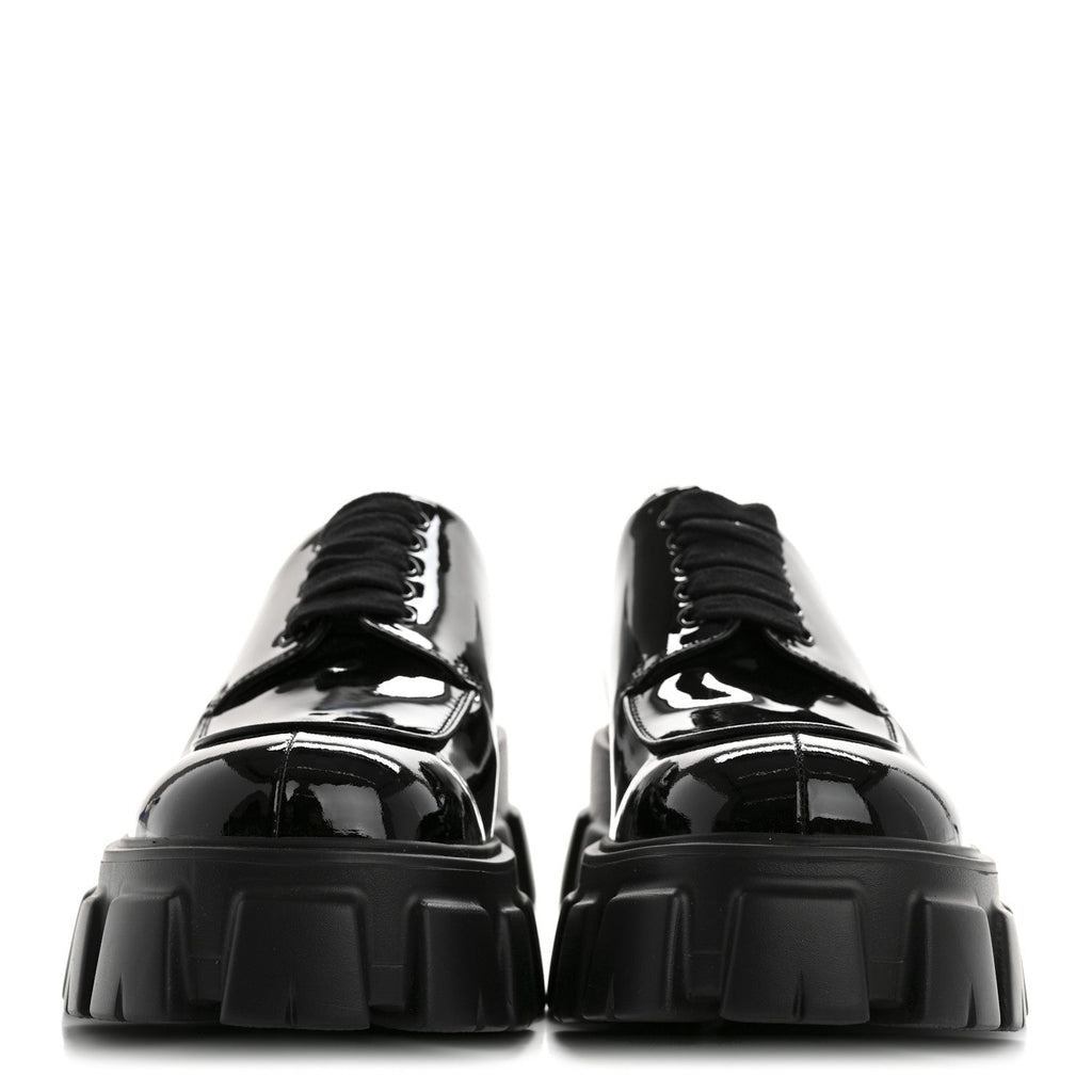 PRADA MONOLITH DERBY LOAFERS BLACK PATENT BLACK