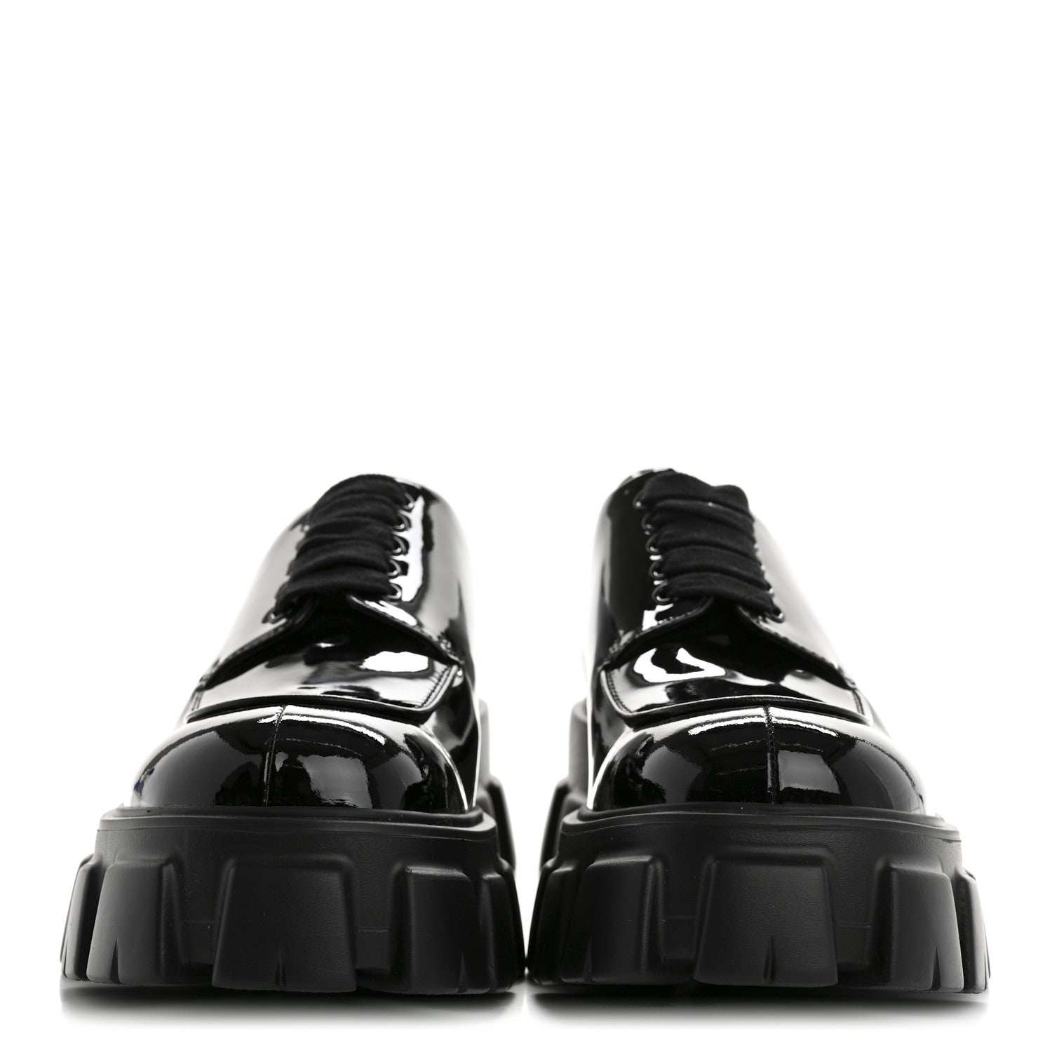 PRADA MONOLITH DERBY LOAFERS BLACK PATENT BLACK