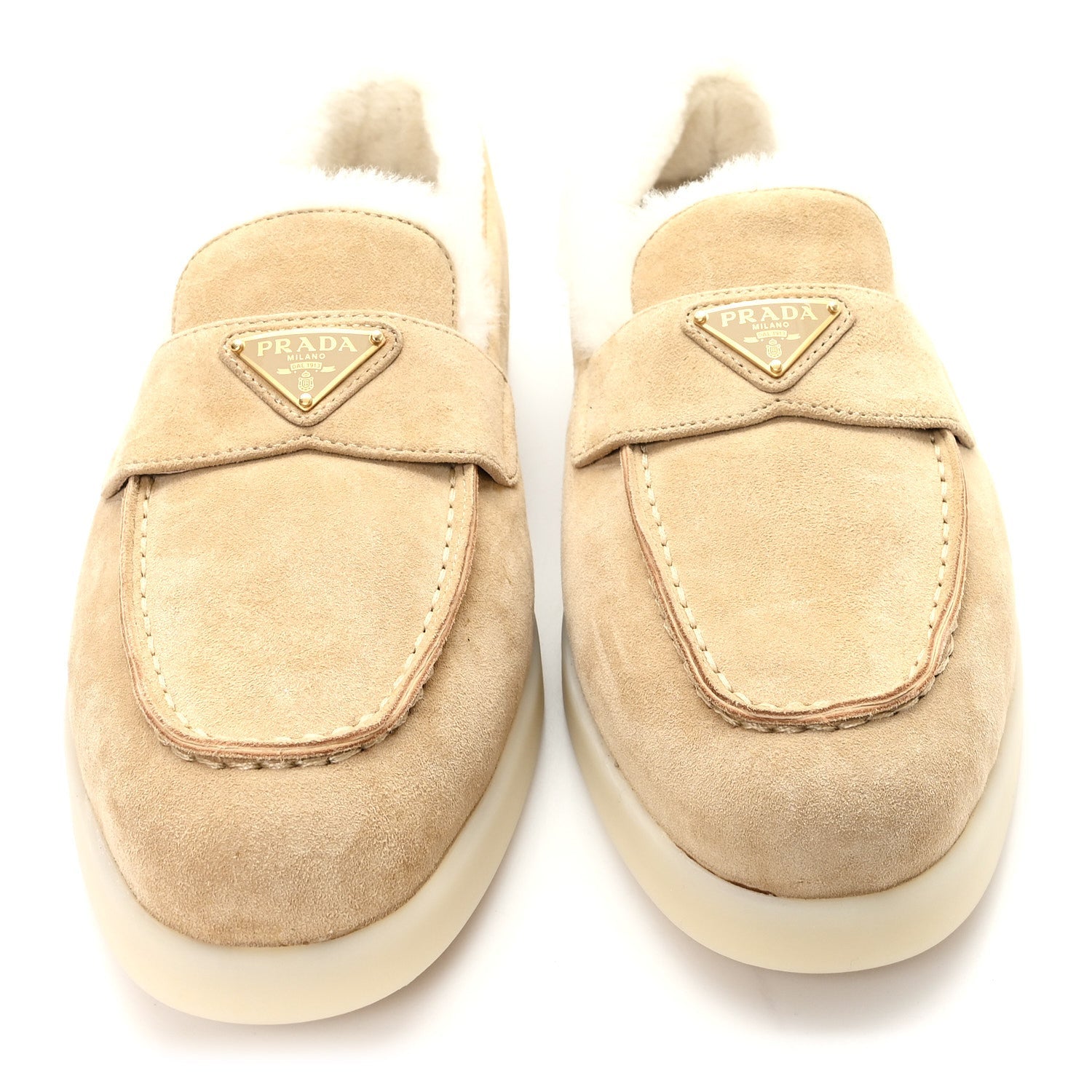 PRADA SUEDE SHEARLING TRIANGLE LOGO LUG SOLE MULES BLACK
