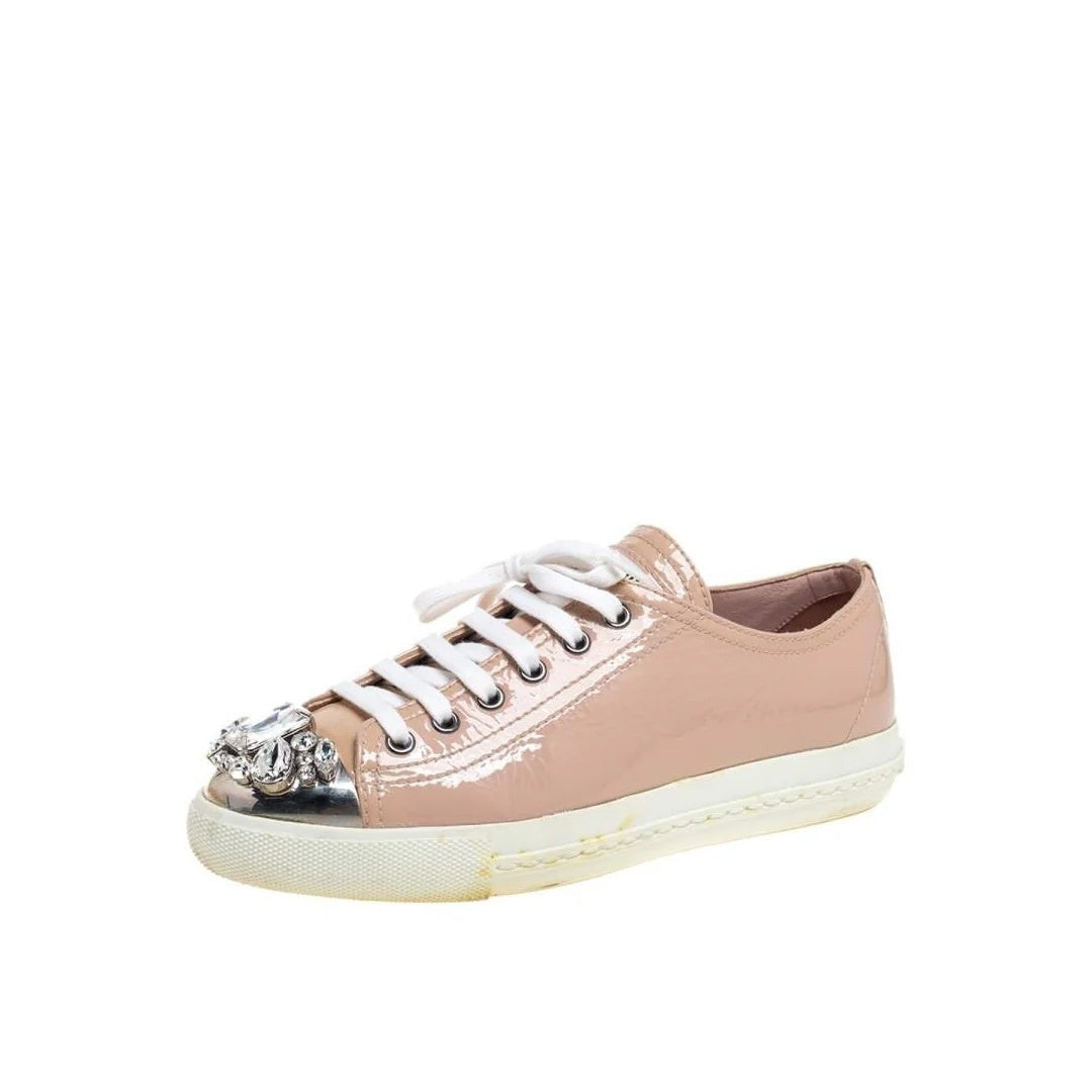 Miu Miu Patent Crystal Low Top Platform Sneaker - Beige/Pink