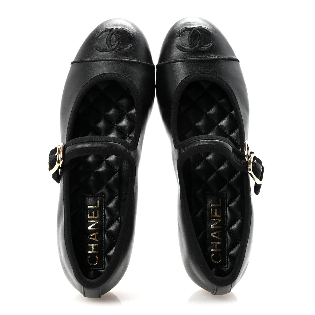 CHANEL PEARL STUDDED MARY JANE FLATS LAMBSKIN BLACK