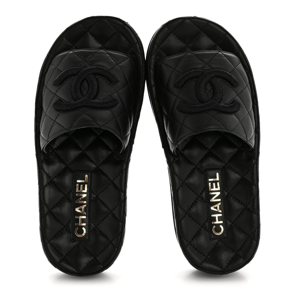 CHANEL LAMBSKIN QUILTED CC MULE SANDAL BLACK
