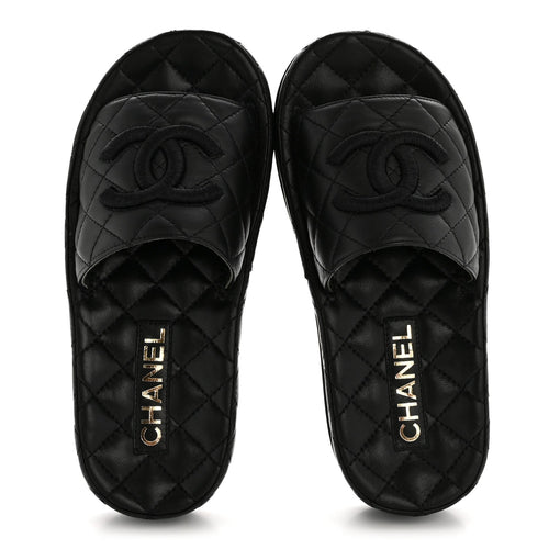 CHANEL LAMBSKIN QUILTED CC MULE SANDAL BLACK