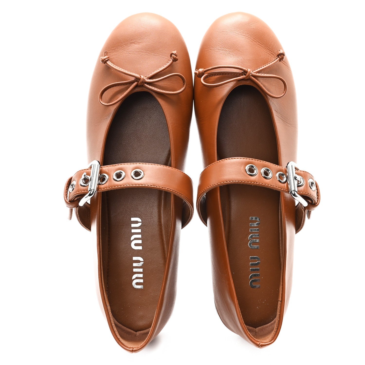 MIU MIU CALFSKIN MARY JANE BALLERINA FLAT COGNAC