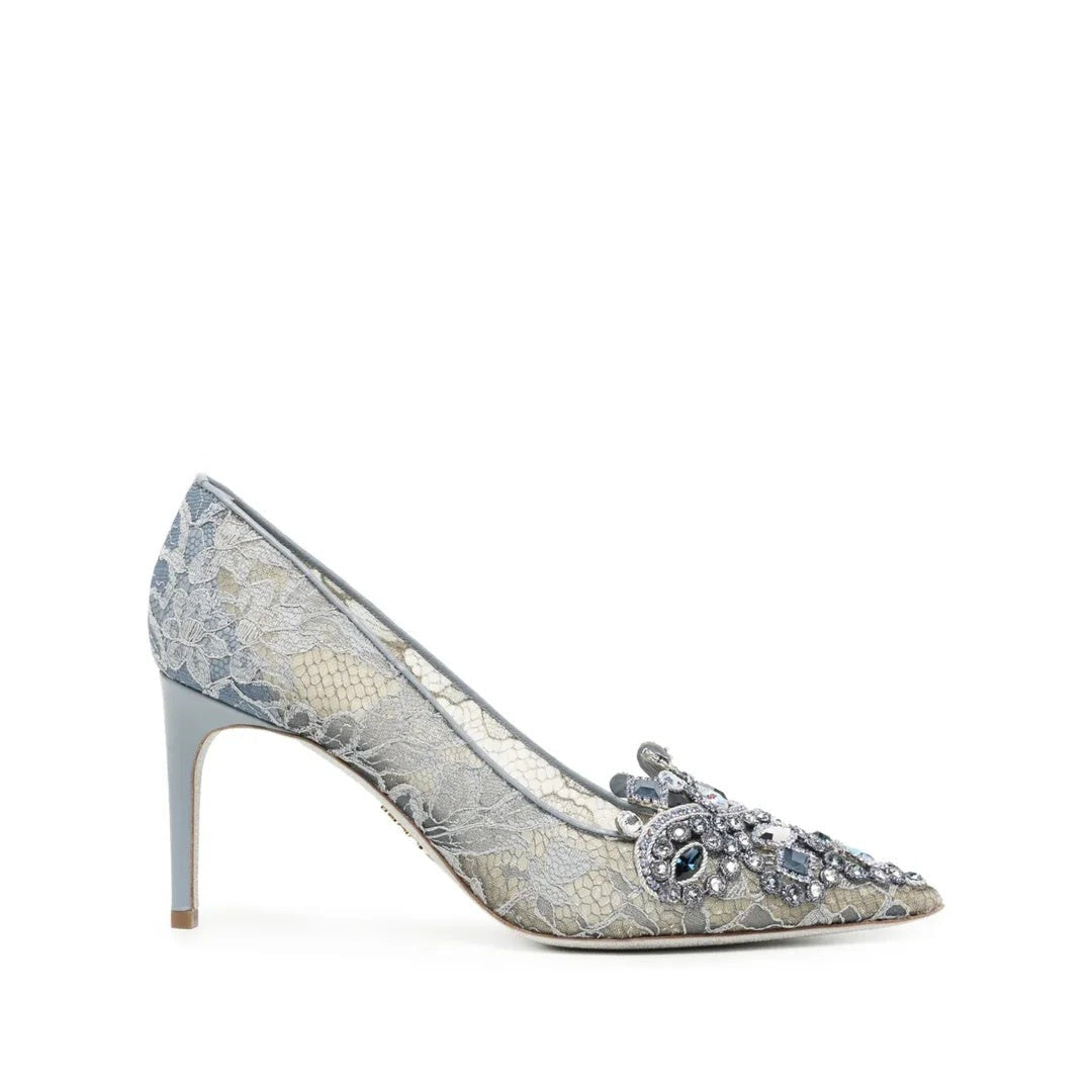 René Caovilla Veneziana Golden Lace Crystal Slingback Pump - Blue/Grey