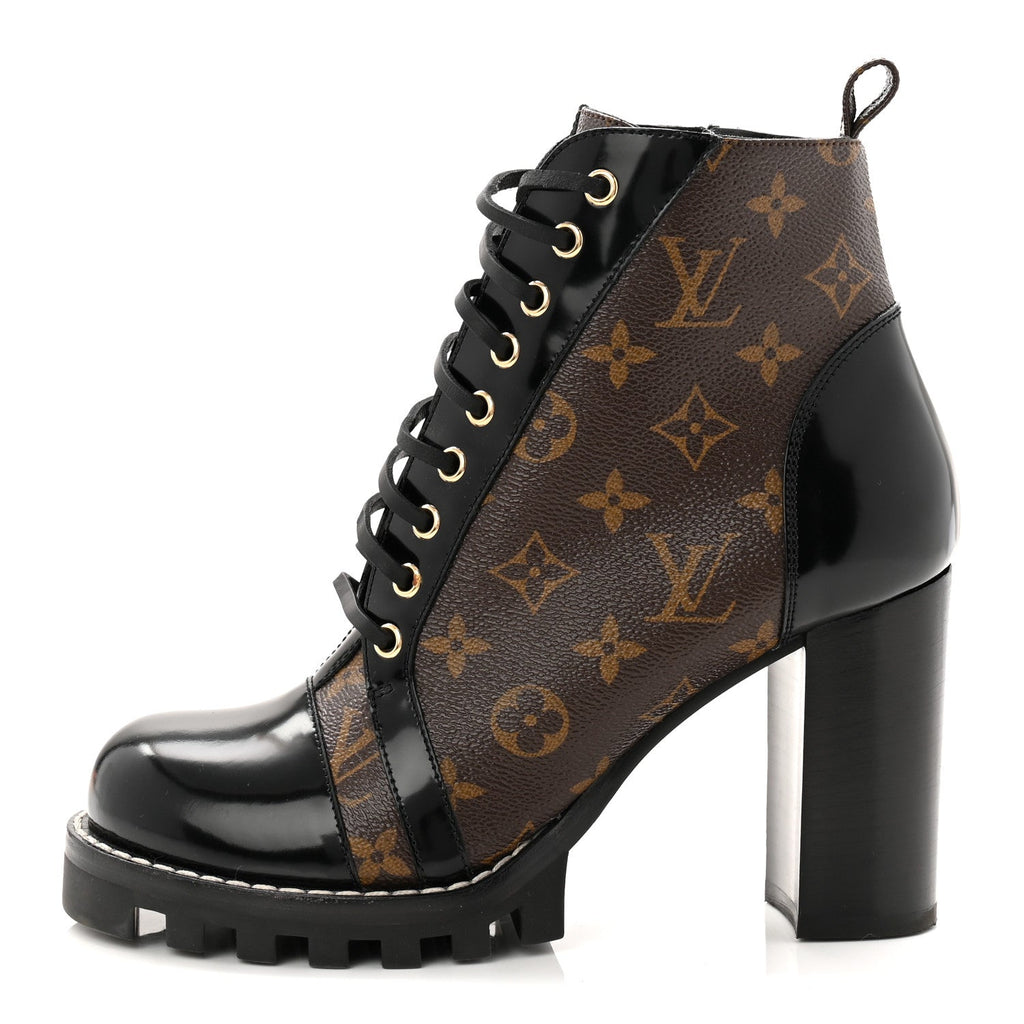 LOUIS VUITTON PATENT CALFSKIN MONOGRAM STAR TRAIL ANKLE BOOTS BLACK