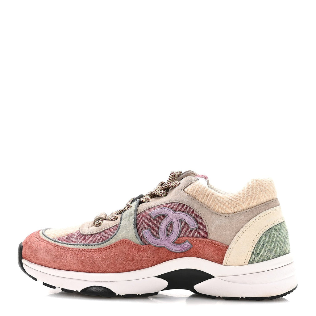CHANEL FABRIC SUEDE CALFSKIN CC SNEAKERS PINK BEIGE WHITE & MULTICOLOR RAINBOW