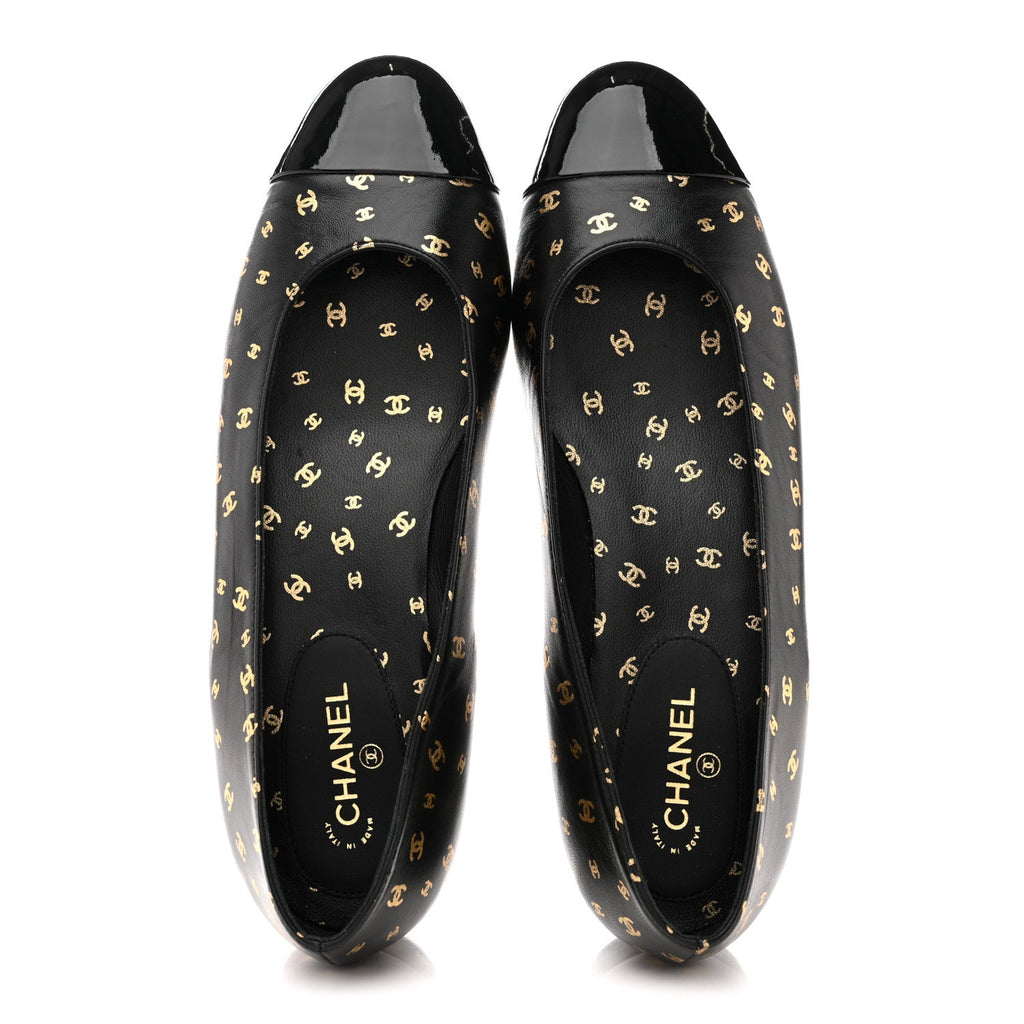 CHANEL CAP TOE BALLERINA FLATS PATENT CALFSKIN BLUE