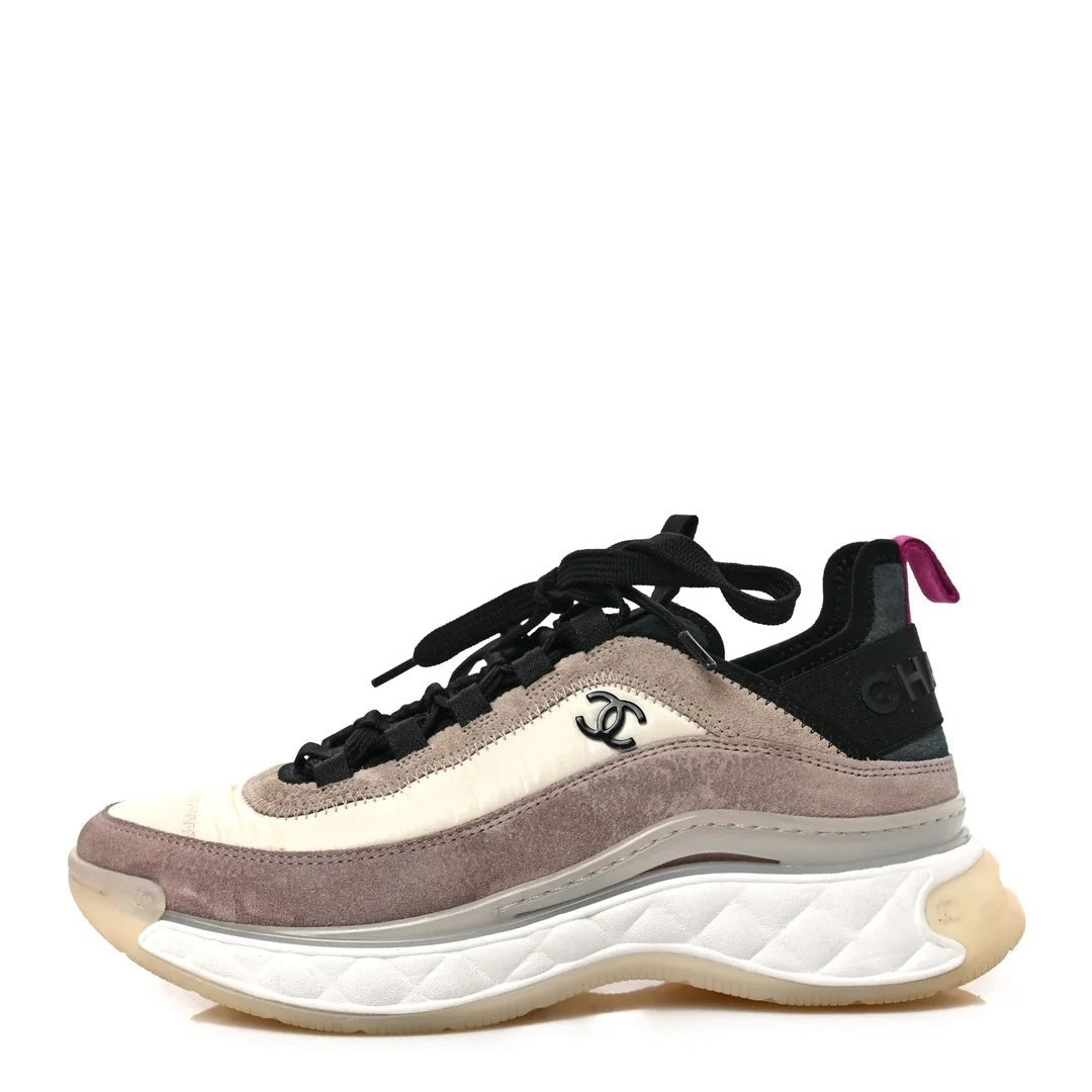 Chanel Fabric Suede Calfskin CC Sneakers Pink Beige - Black/Beige/Pink