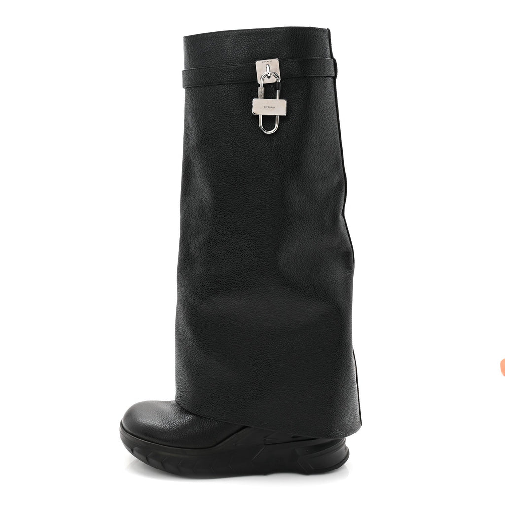GIVENCHY GRAINED CALFSKIN SHARK LOCK BIKER KNEE BOOT BLACK SMOOTH LEATHER