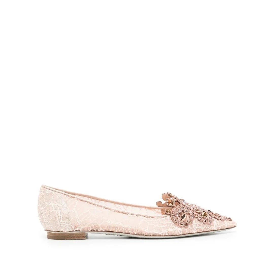 René Caovilla Crystal-Embellished Lace Ballerina Shoe - Pink