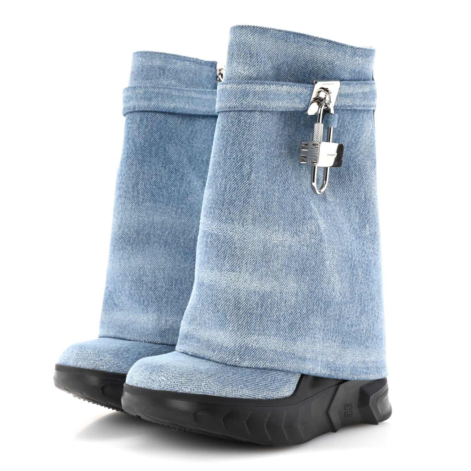 GIVENCHY WASHED DENIM SHARK LOCK BIKER ANKLE BOOT LIGHT BLUE SNEAKER SOLE