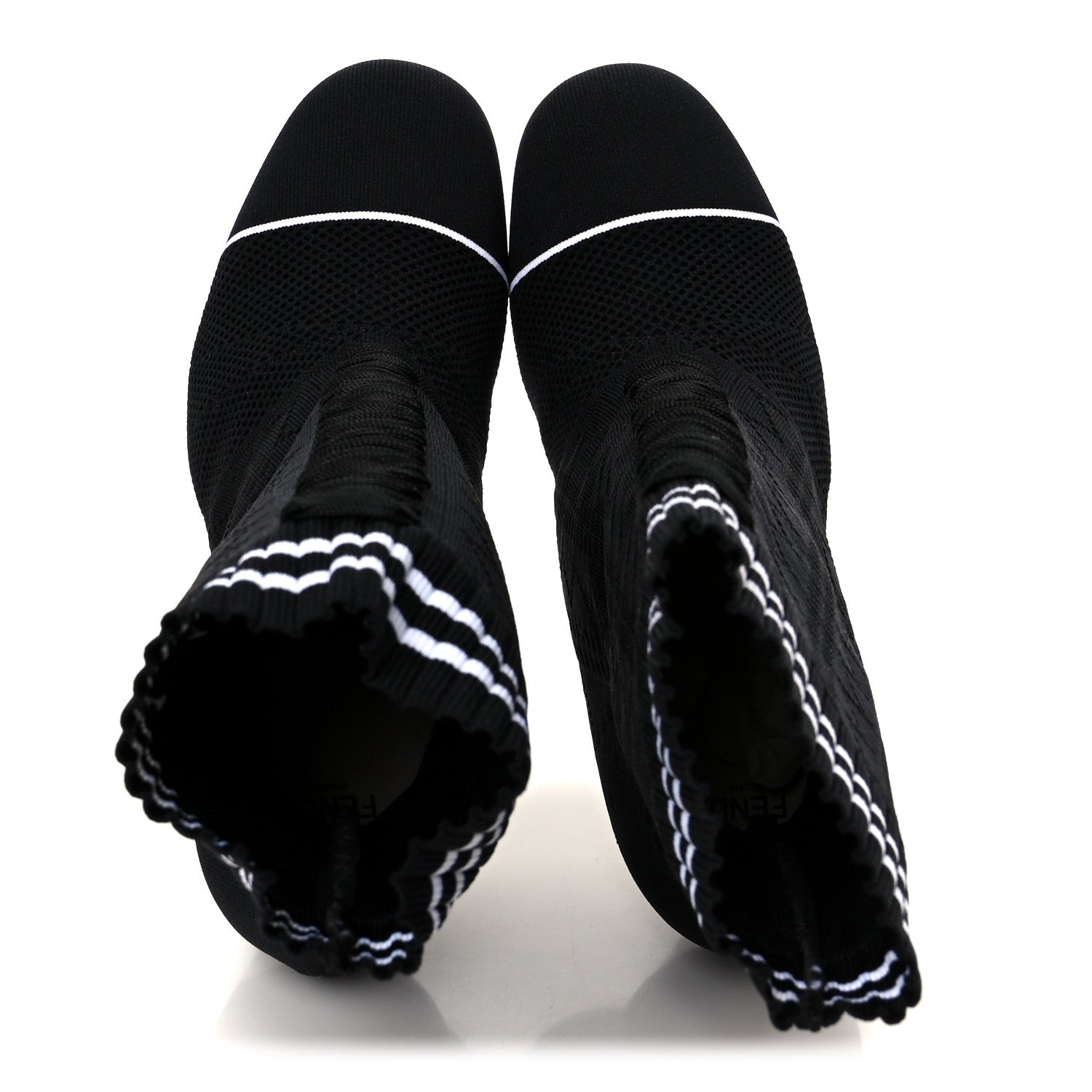 FENDI FF ROCKOKO STRETCH FABRIC OPENWORK SOCK BOOT BLACK & WHITE PEARL