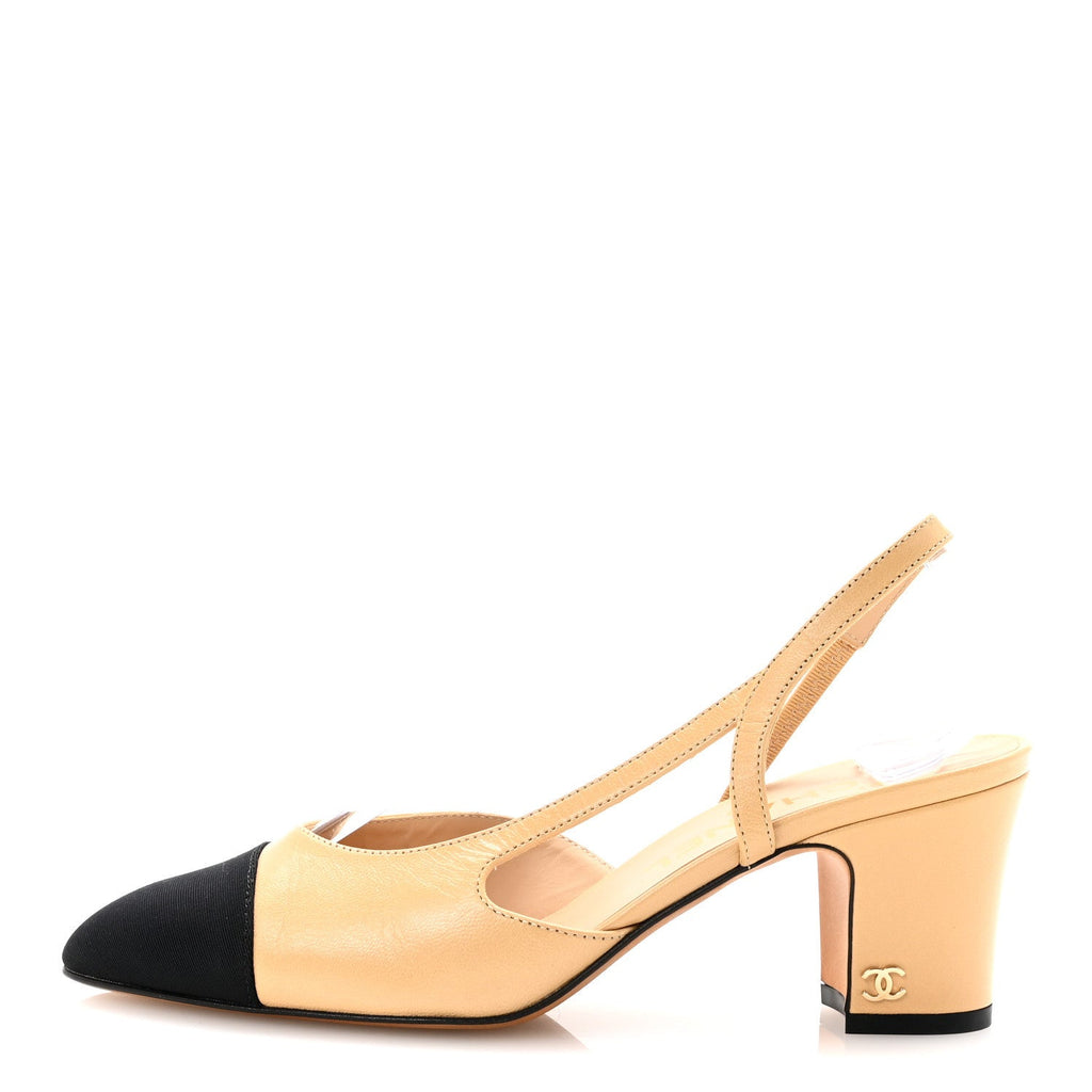 CHANEL GOATSKIN GROSGRAIN CAP TOE CC SLINGBACK PUMP BEIGE BLACK