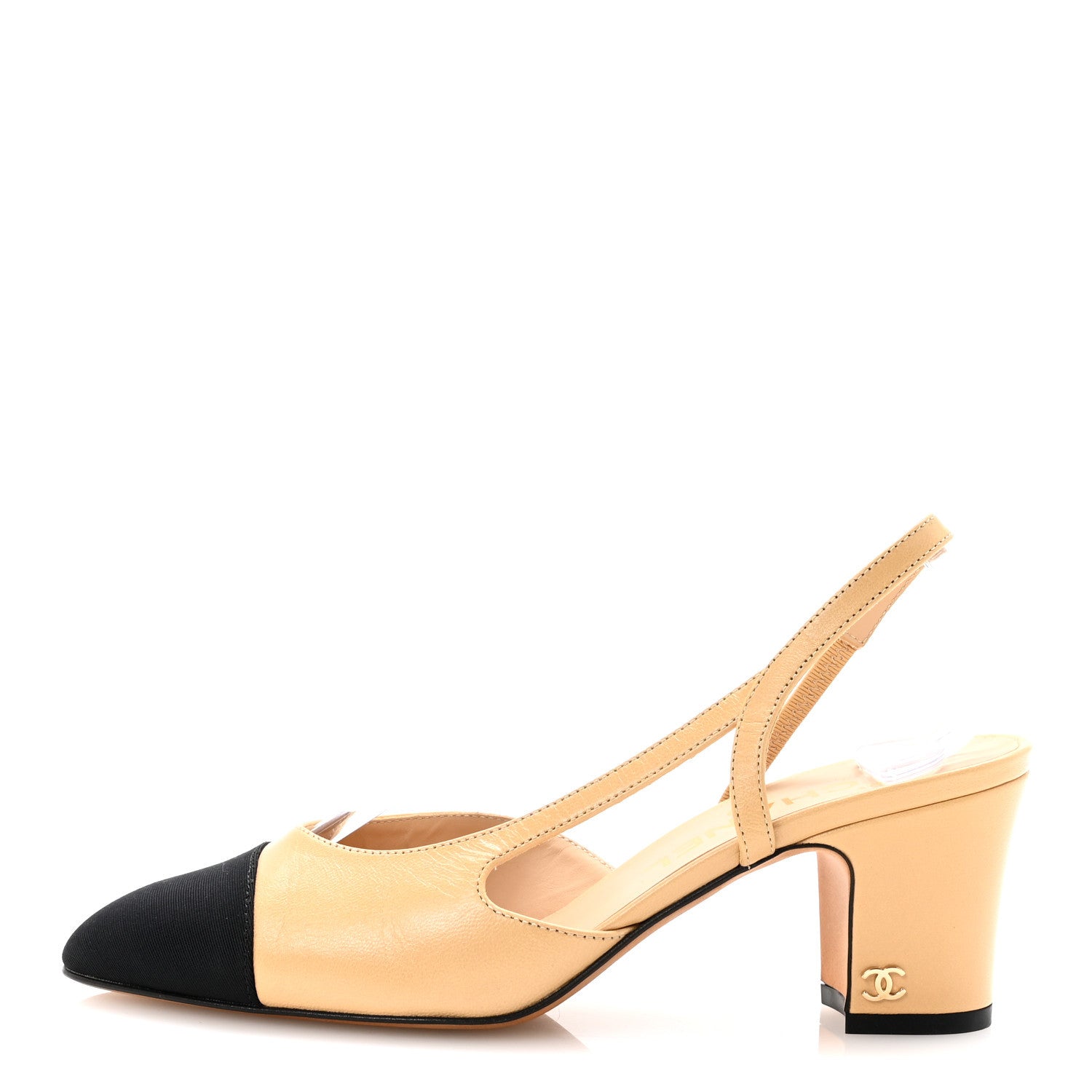 CHANEL GOATSKIN GROSGRAIN CAP TOE CC SLINGBACK PUMP BEIGE BLACK