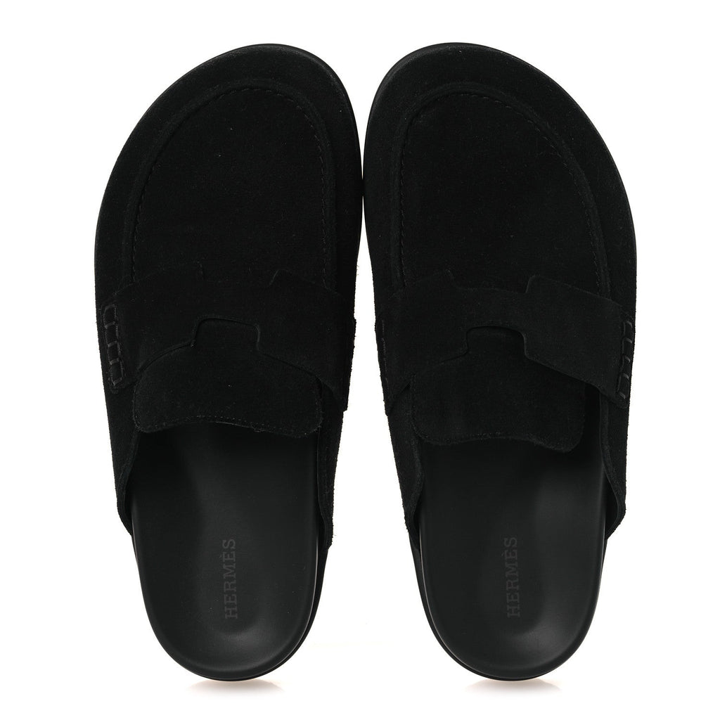 HERMÈS HERMES SUEDE CALFSKIN GO MULE BLACK WITH WHITE SHEARLING