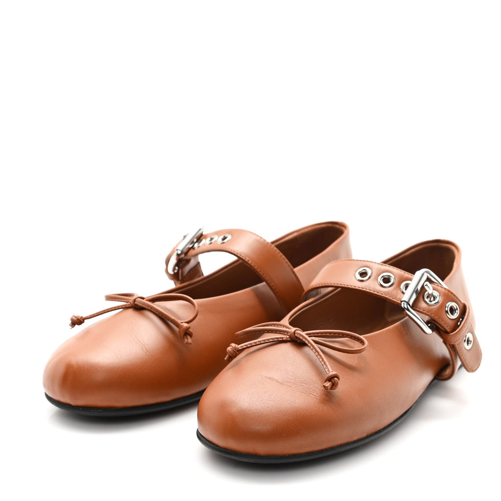 MIU MIU CALFSKIN MARY JANE BALLERINA FLAT COGNAC