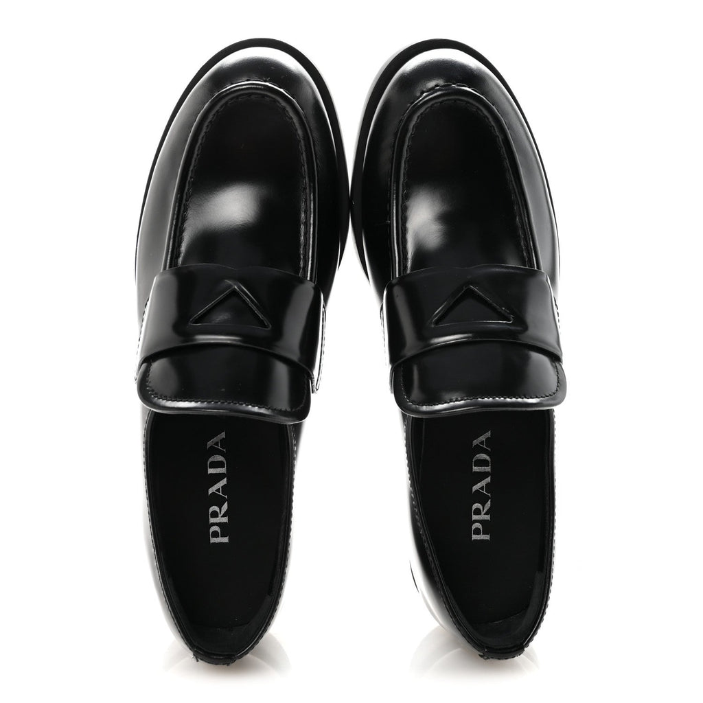 PRADA SPAZZOLATO TRIANGLE LOGO MONOLITH POINTY LOAFERS BLACK