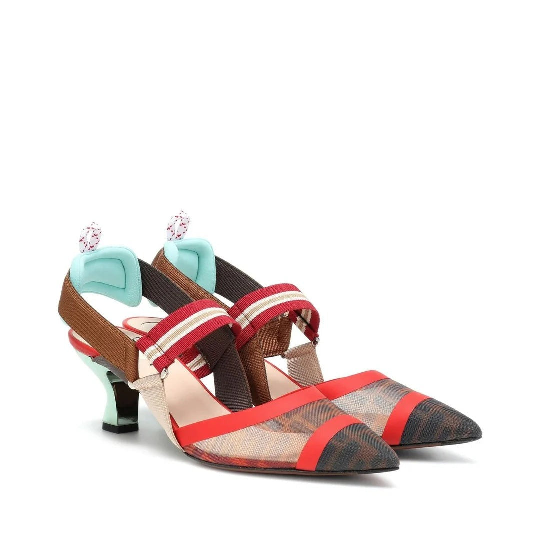 Fendi 85mm Flydots Colibrì Mixed-Media Slingback Pumps - Red/Brown
