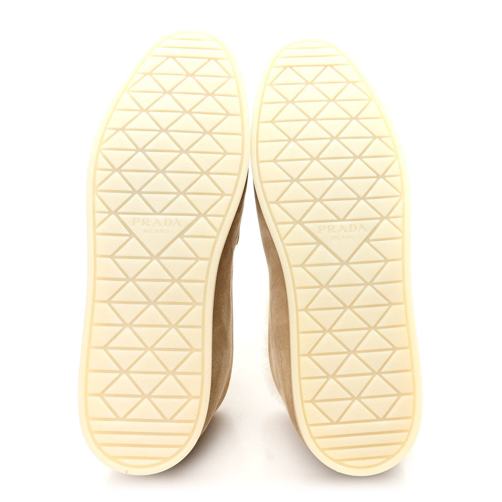 PRADA SUEDE SHEARLING TRIANGLE LOGO LUG SOLE MULES BLACK