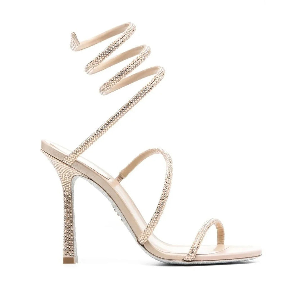 René Caovilla Embellished Flower Wrap Heeled Sandal 105 - Nude/Beige