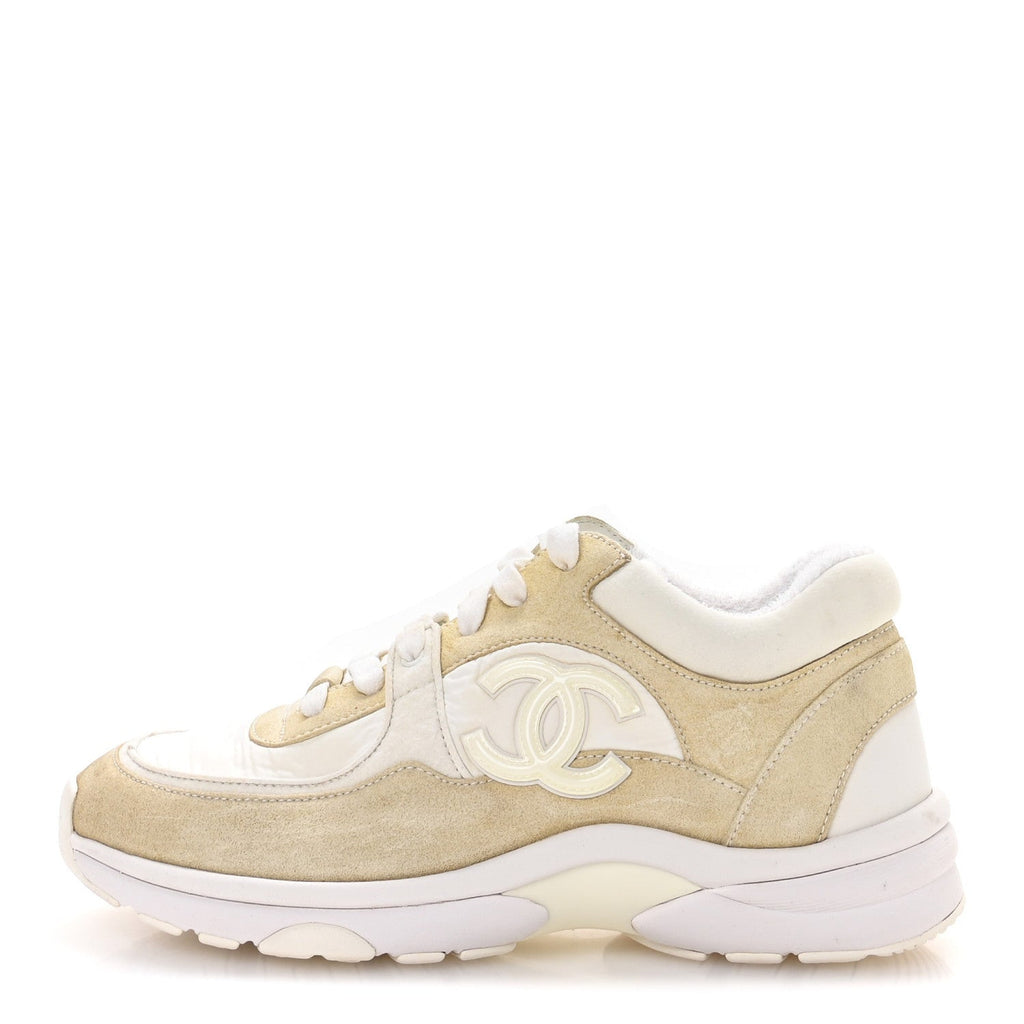 CHANEL FABRIC SUEDE CALFSKIN CC SNEAKERS PINK BEIGE PINK & WHITE