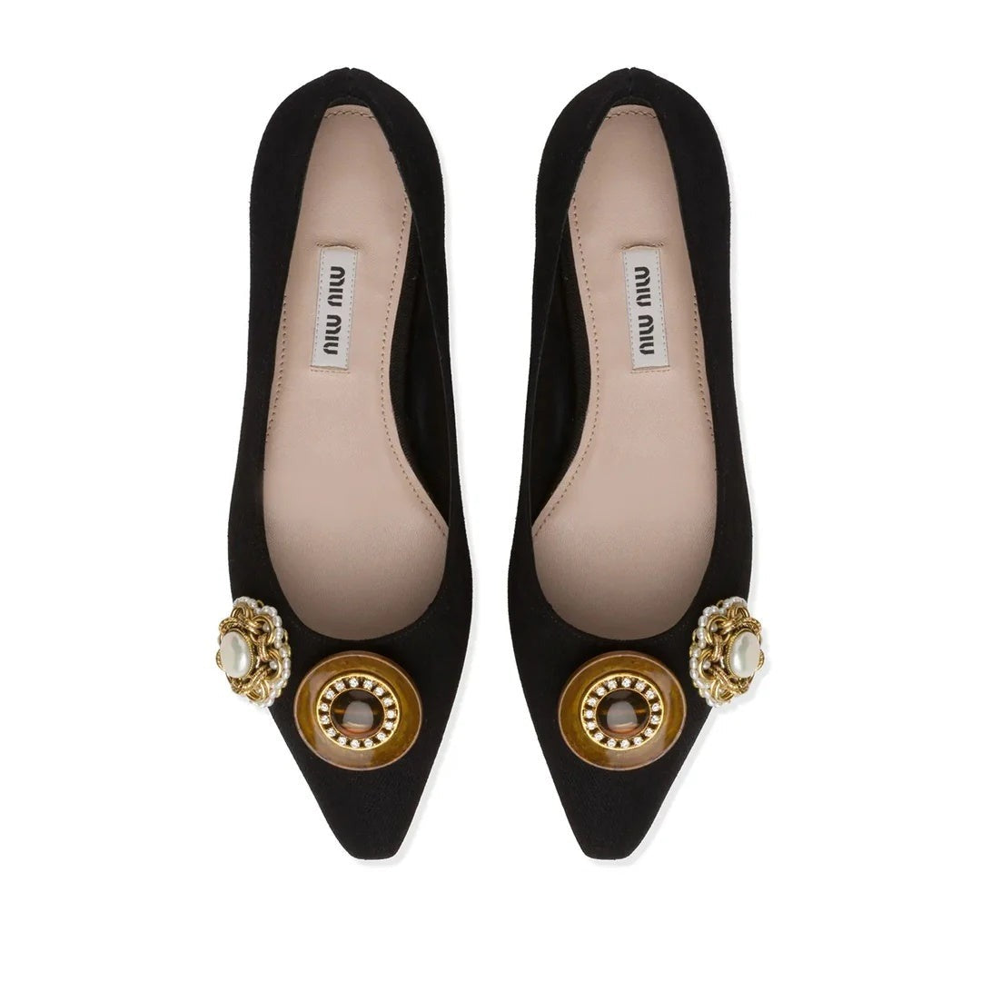 Miu Miu Embroidered Mesh Ballerinas - Black (different model - pointed toe with embellishments)