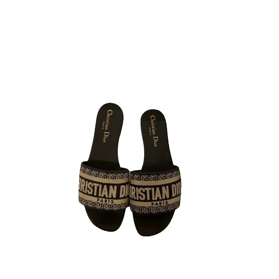 Christian Dior Dway Embroidered Flat Slide Sandals Camel Canvas - Blue/Navy