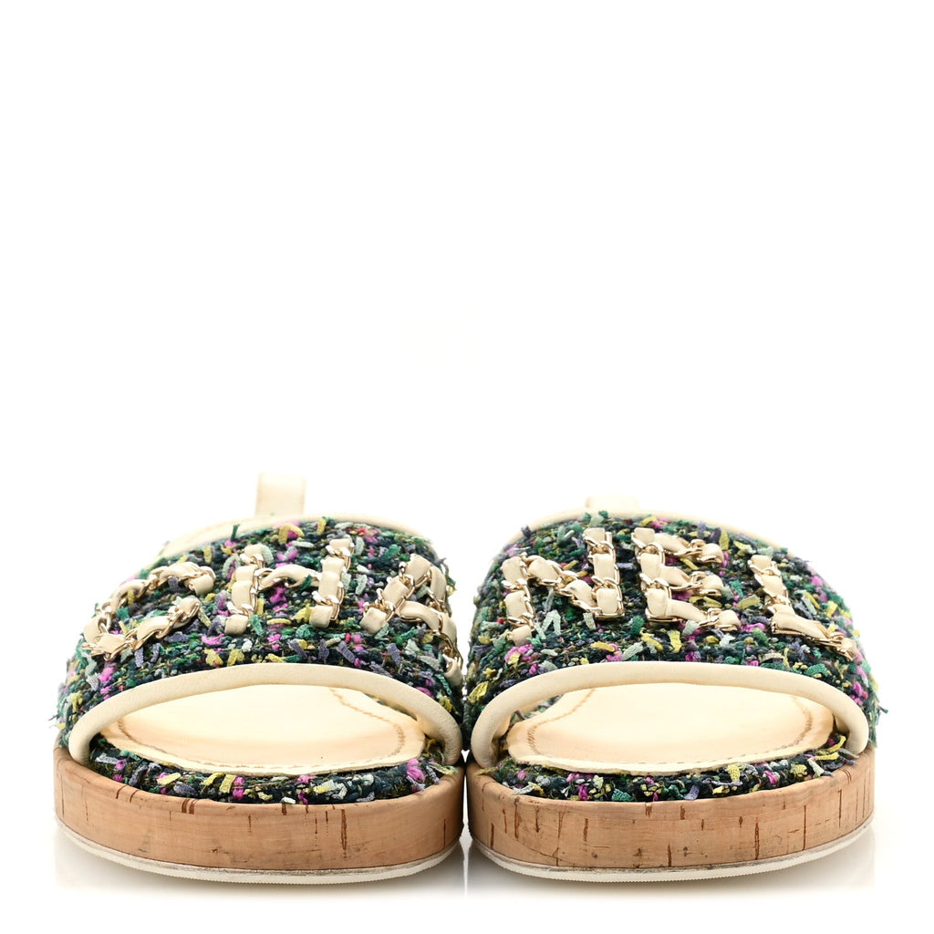CHANEL TWEED CORK CC CHAIN MULE SANDAL WHITE