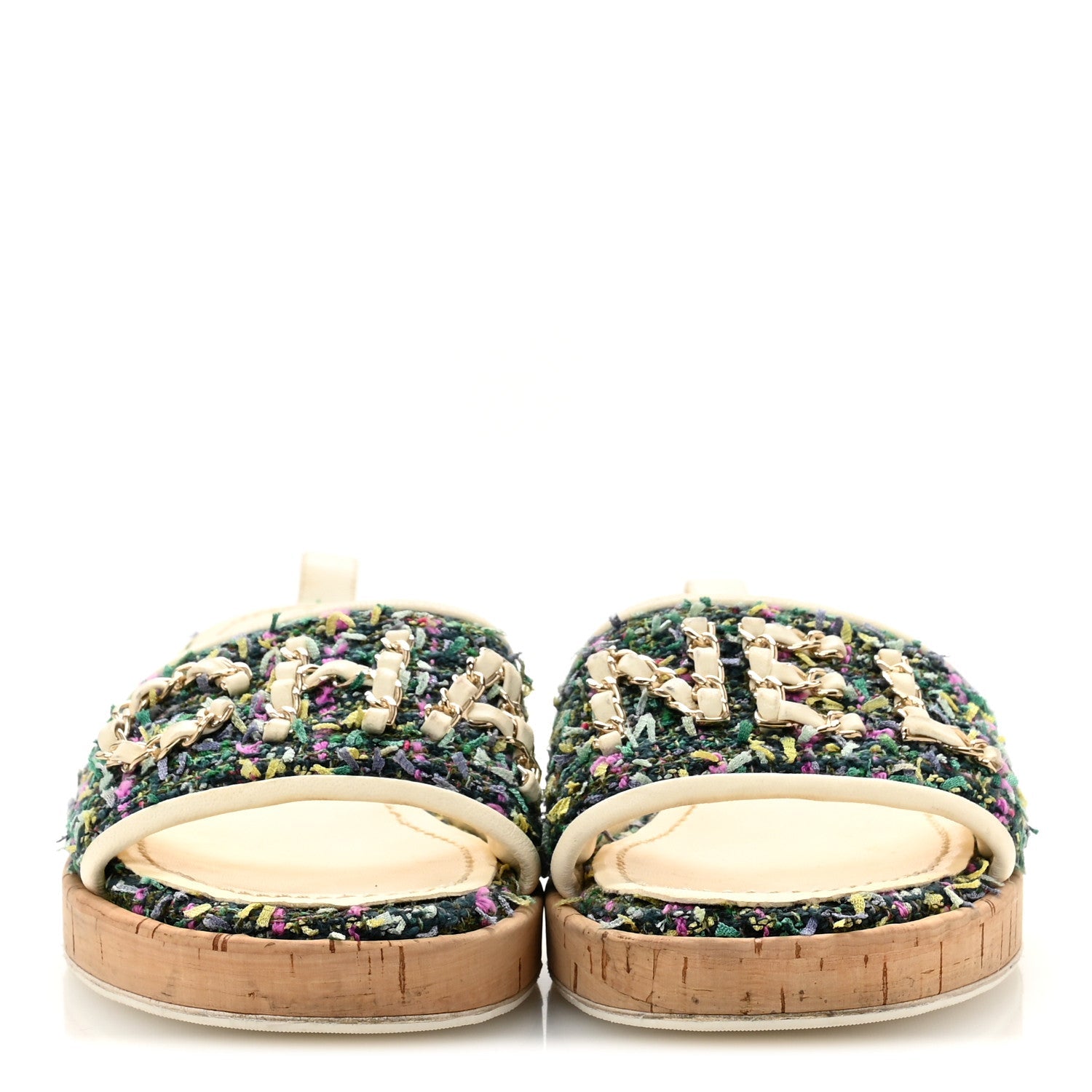 CHANEL TWEED CORK CC CHAIN MULE SANDAL WHITE