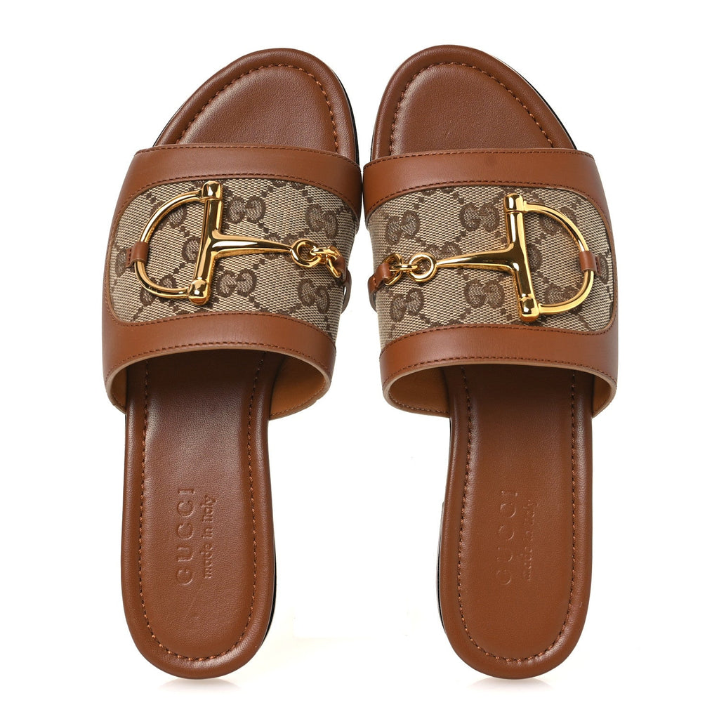GUCCI HORSEBIT SLIDE SANDALS BEIGE & EBONY GG