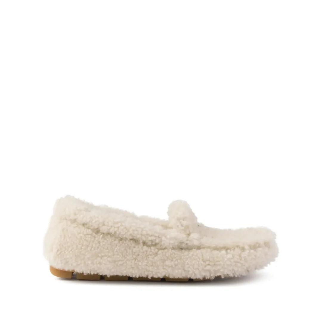 Prada Suede Shearling Triangle Logo Lug Sole Mules - White