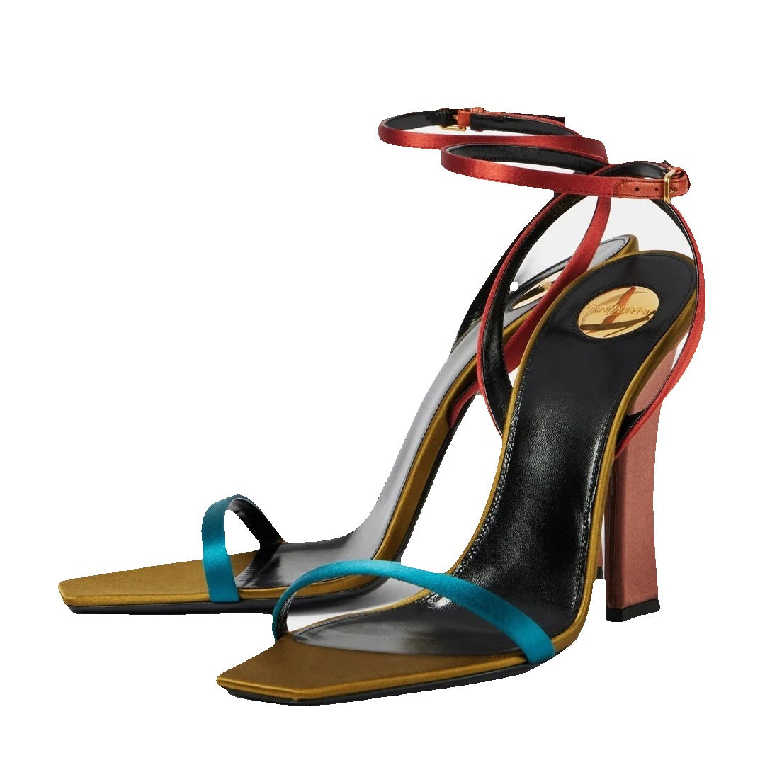 Saint Laurent Emilie 110 Crystal-Logo Sandals - Multicolor (Teal/Red/Olive)