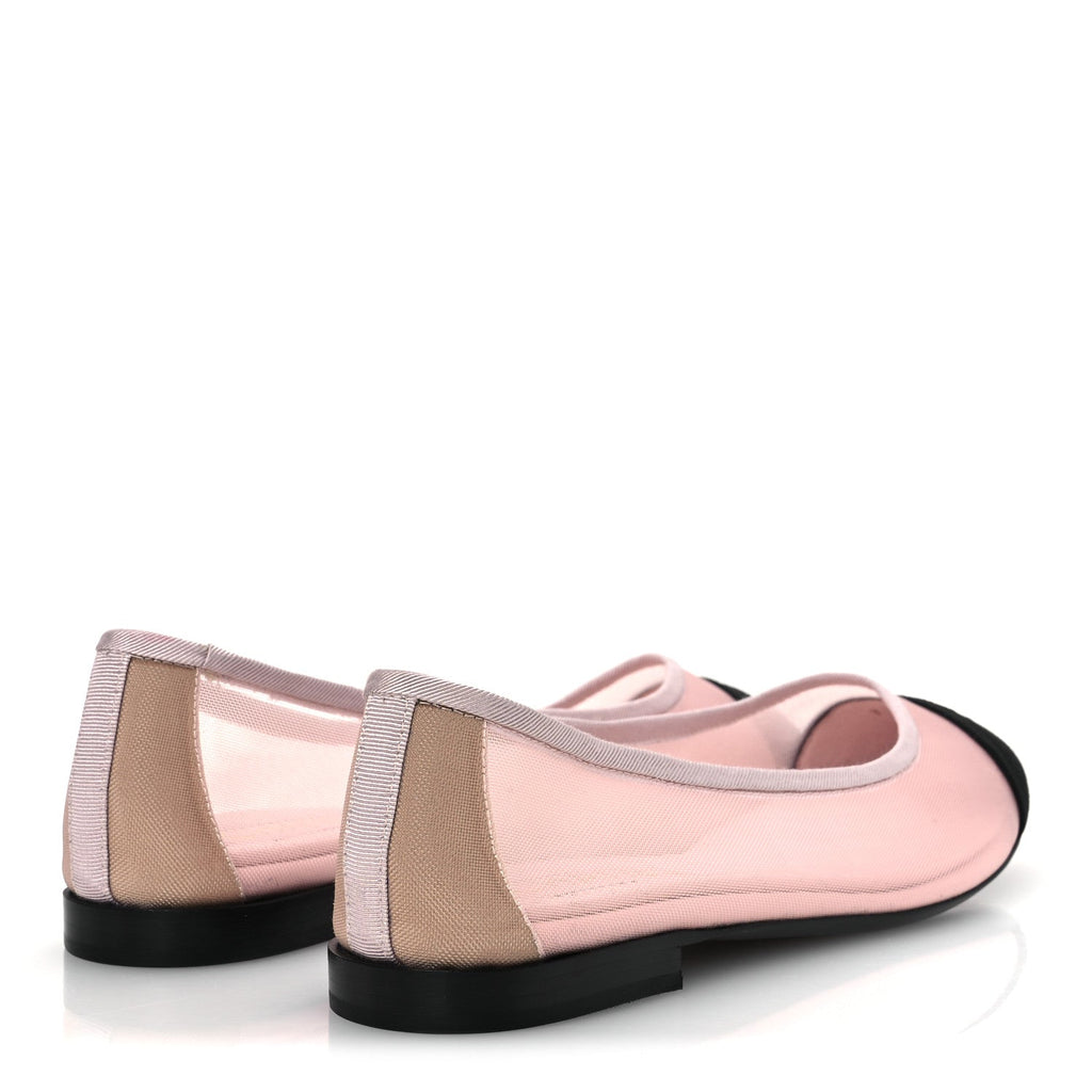 CHANEL TWEED GROSGRAIN CAP TOE CC BALLERINA FLAT PINK BLACK & GOLD