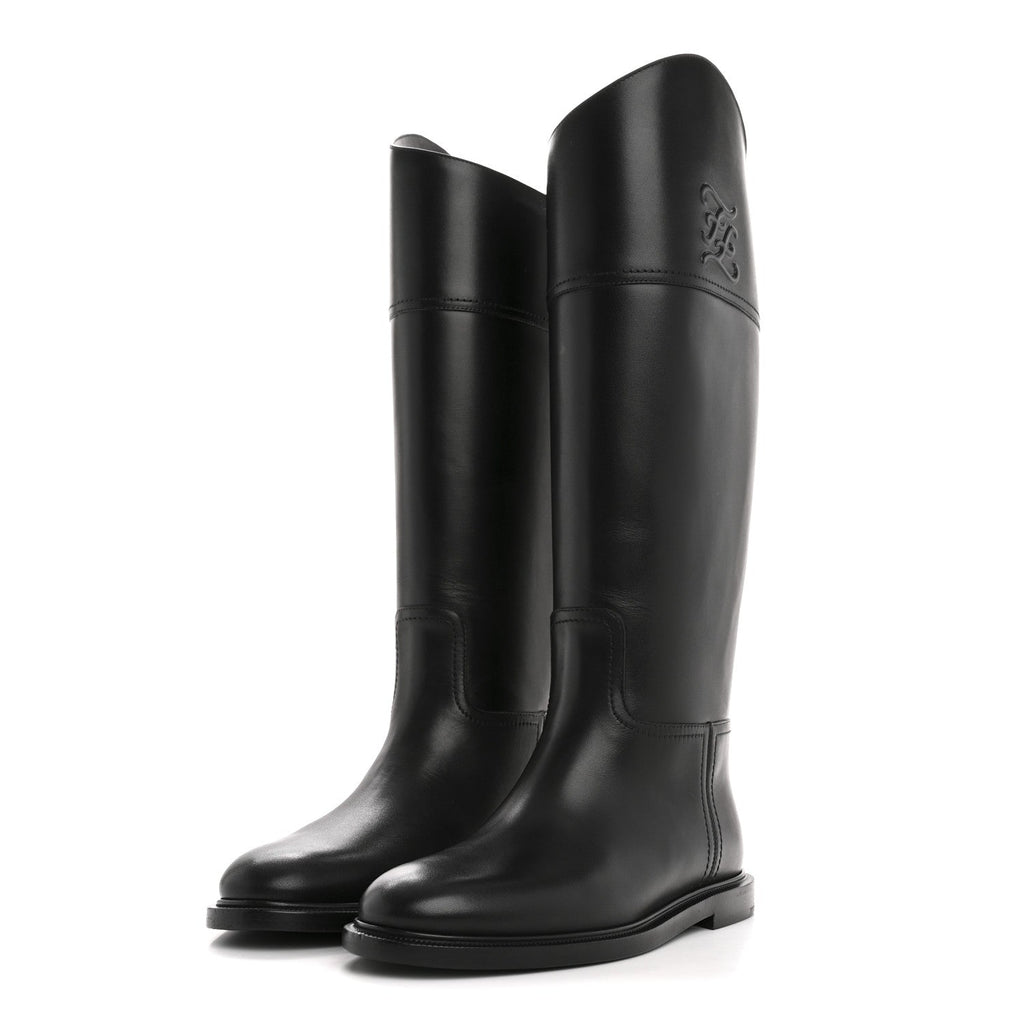 FENDI VITELLO KARLIGRAPHY EMBOSSED TALL RIDING BOOT BLACK
