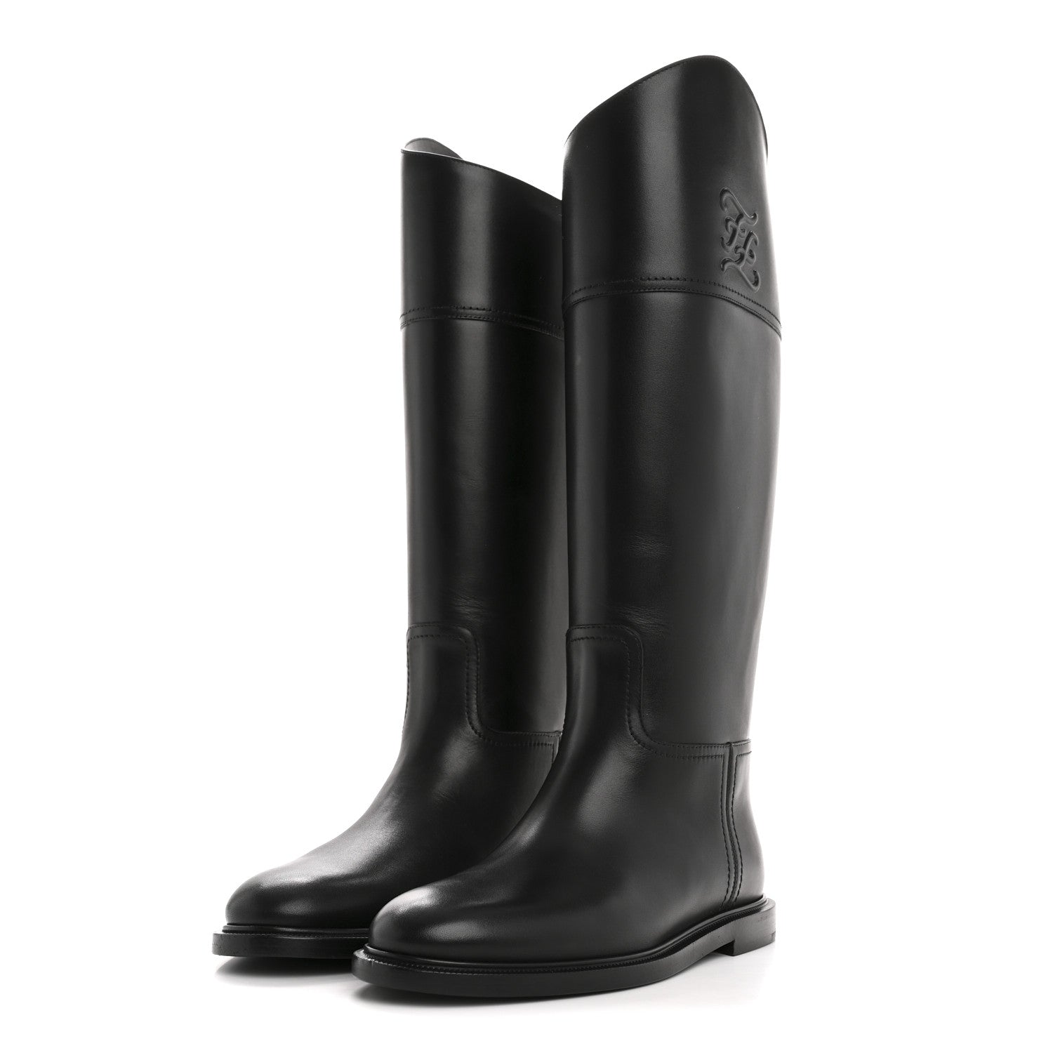 FENDI VITELLO KARLIGRAPHY EMBOSSED TALL RIDING BOOT BLACK