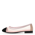 CHANEL TWEED GROSGRAIN CAP TOE CC BALLERINA FLAT PINK BLACK & GOLD