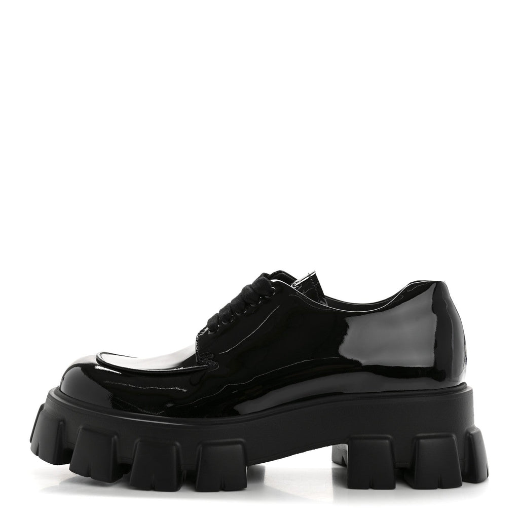 PRADA MONOLITH DERBY LOAFERS BLACK PATENT BLACK