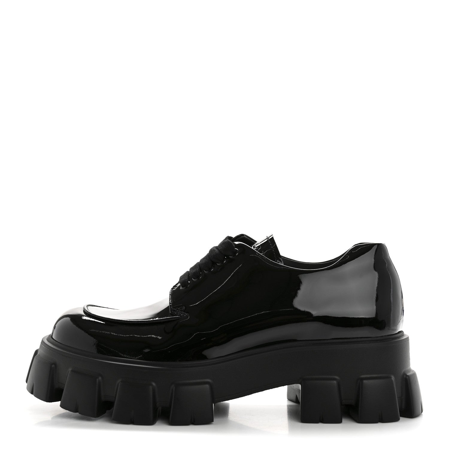PRADA MONOLITH DERBY LOAFERS BLACK PATENT BLACK