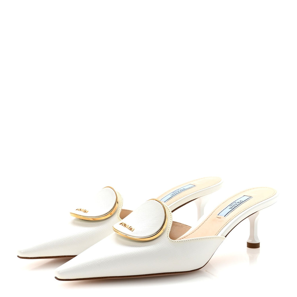 PRADA SAFFIANO LOGO POINTED TOE MULES WHITE