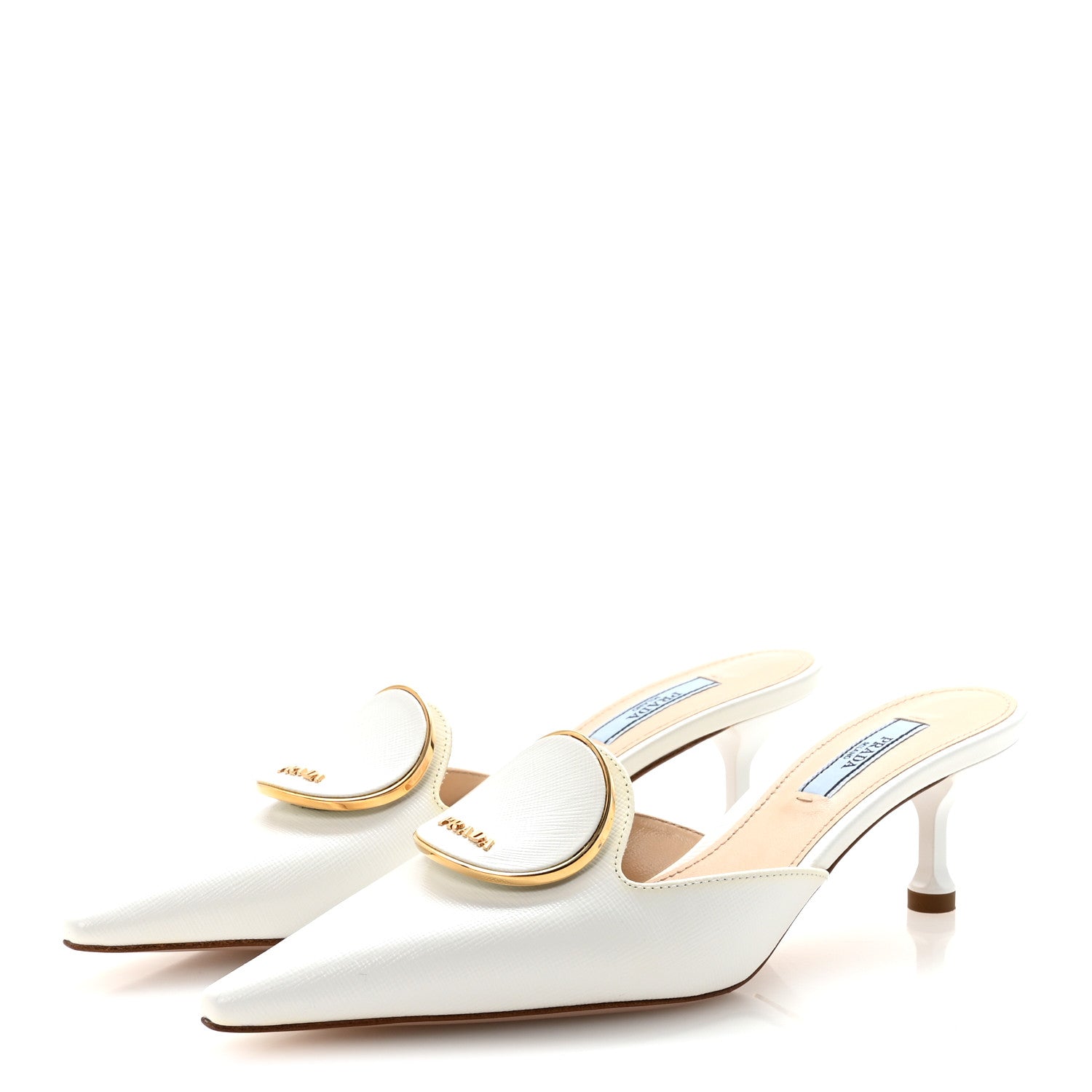 PRADA SAFFIANO LOGO POINTED TOE MULES WHITE
